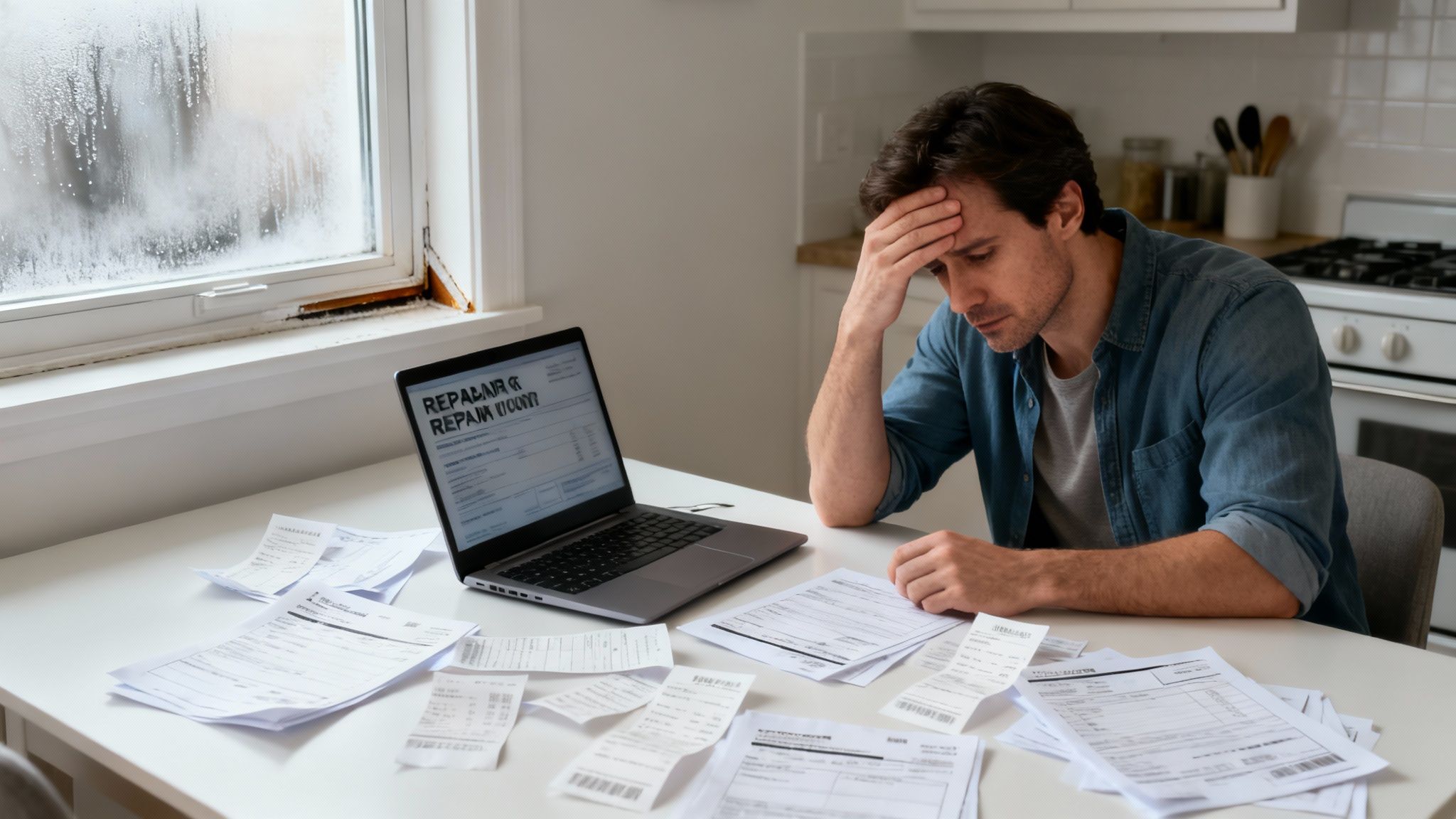 A distressed man reviews bills and repair estimates on his laptop and table, next to a damaged window.