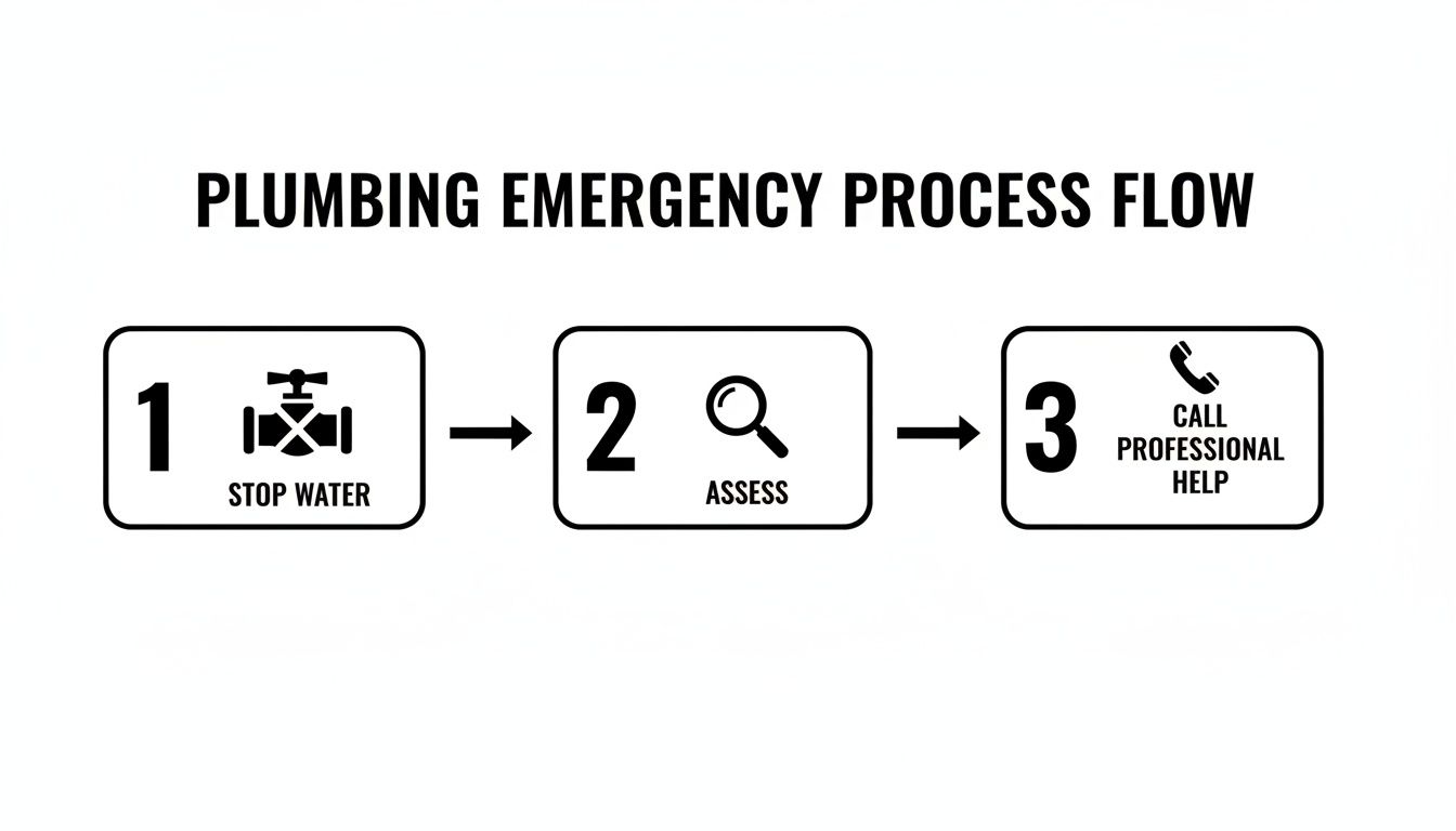 A three-step infographic outlining a plumbing emergency process: stop water, assess, then call for professional help.