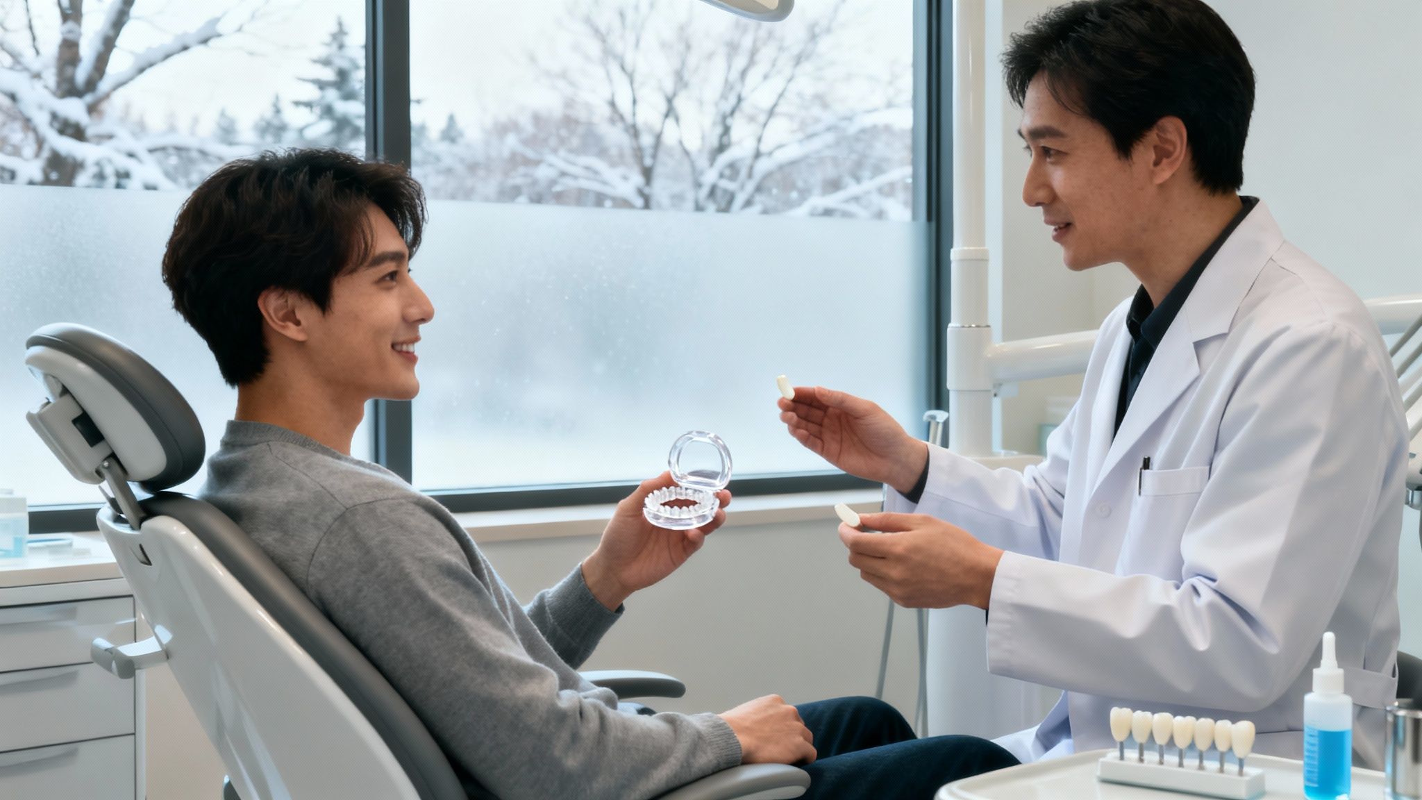Smiling patient and dentist discuss teeth models in a modern clinic with a snowy window view.