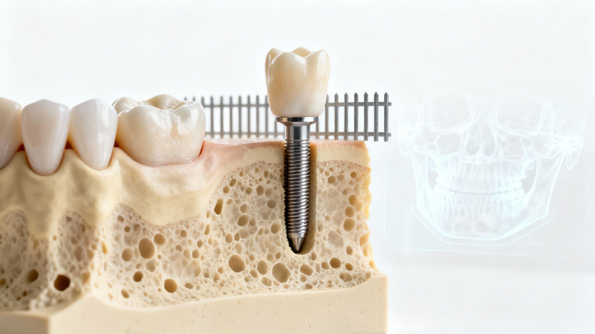 Dental implant model showing screw-in implant, crown, gum, and bone structure, with a skull X-ray.