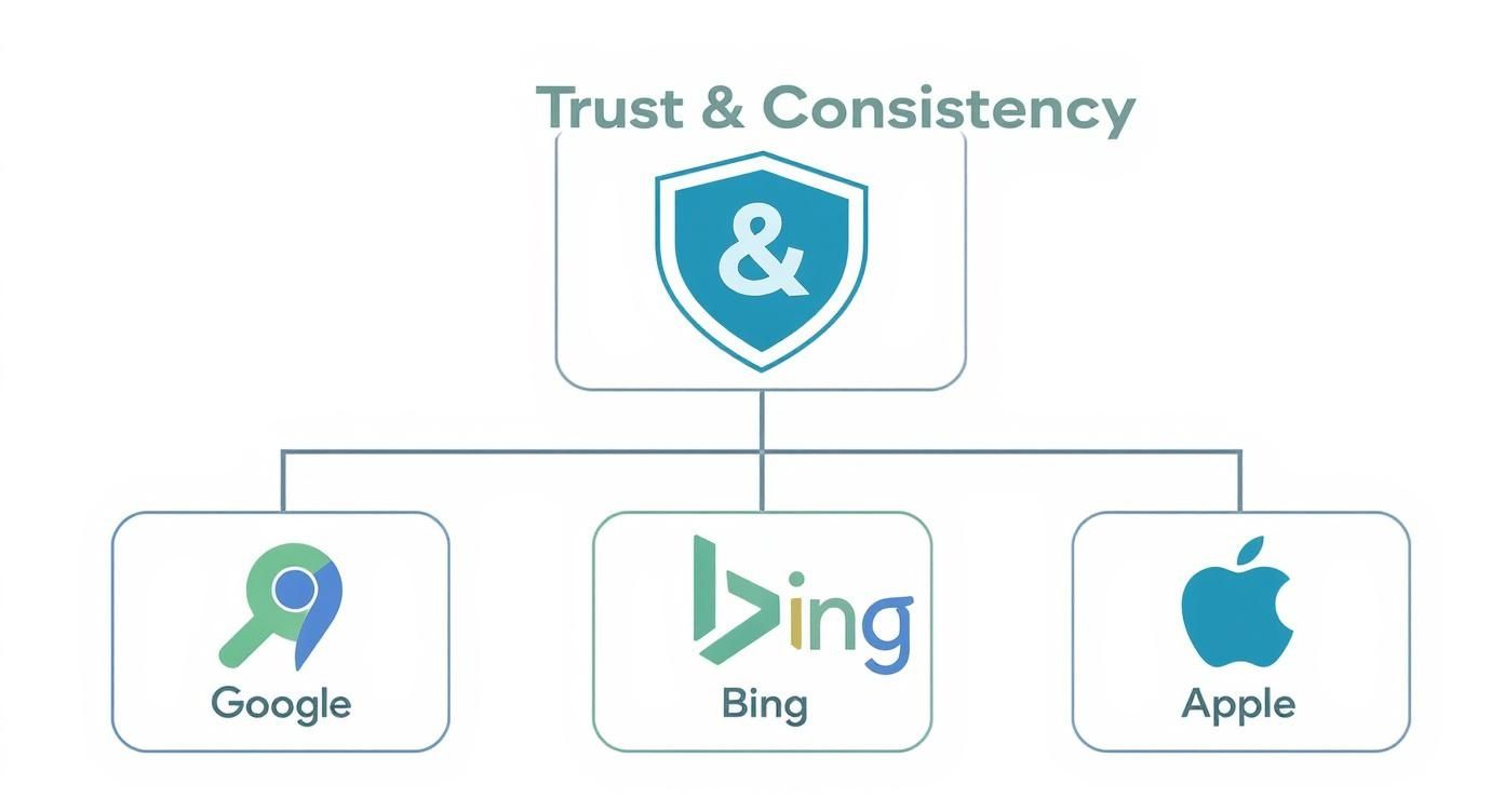 Diagram showing 'Trust & Consistency' at the top, connecting to Google, Bing, and Apple platforms.
