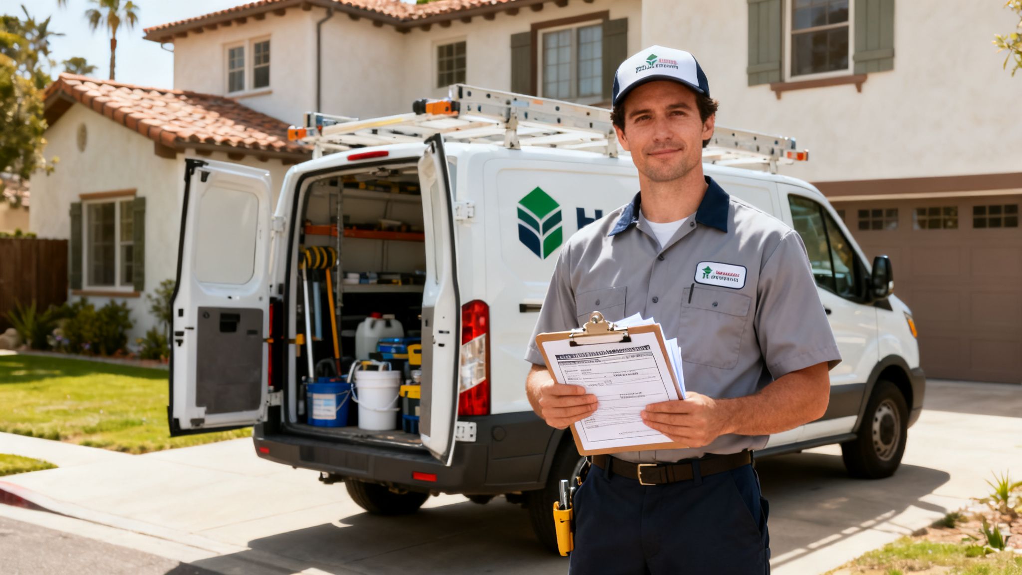 A smiling service technician in uniform holds a clipboard in front of a service van and house.