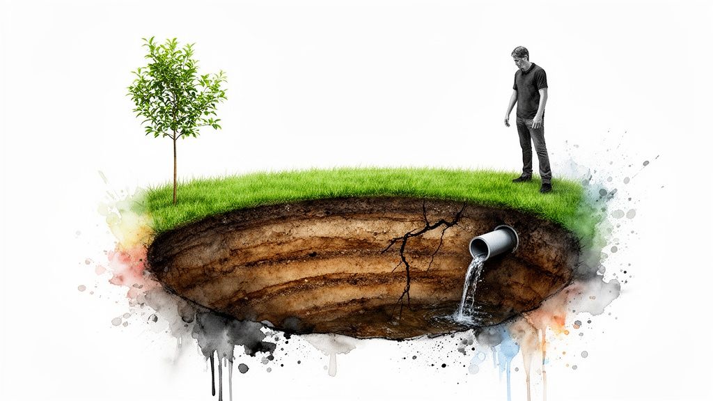 A man and tree on a floating island of grass and soil, with a pipe leaking water into cracked ground.