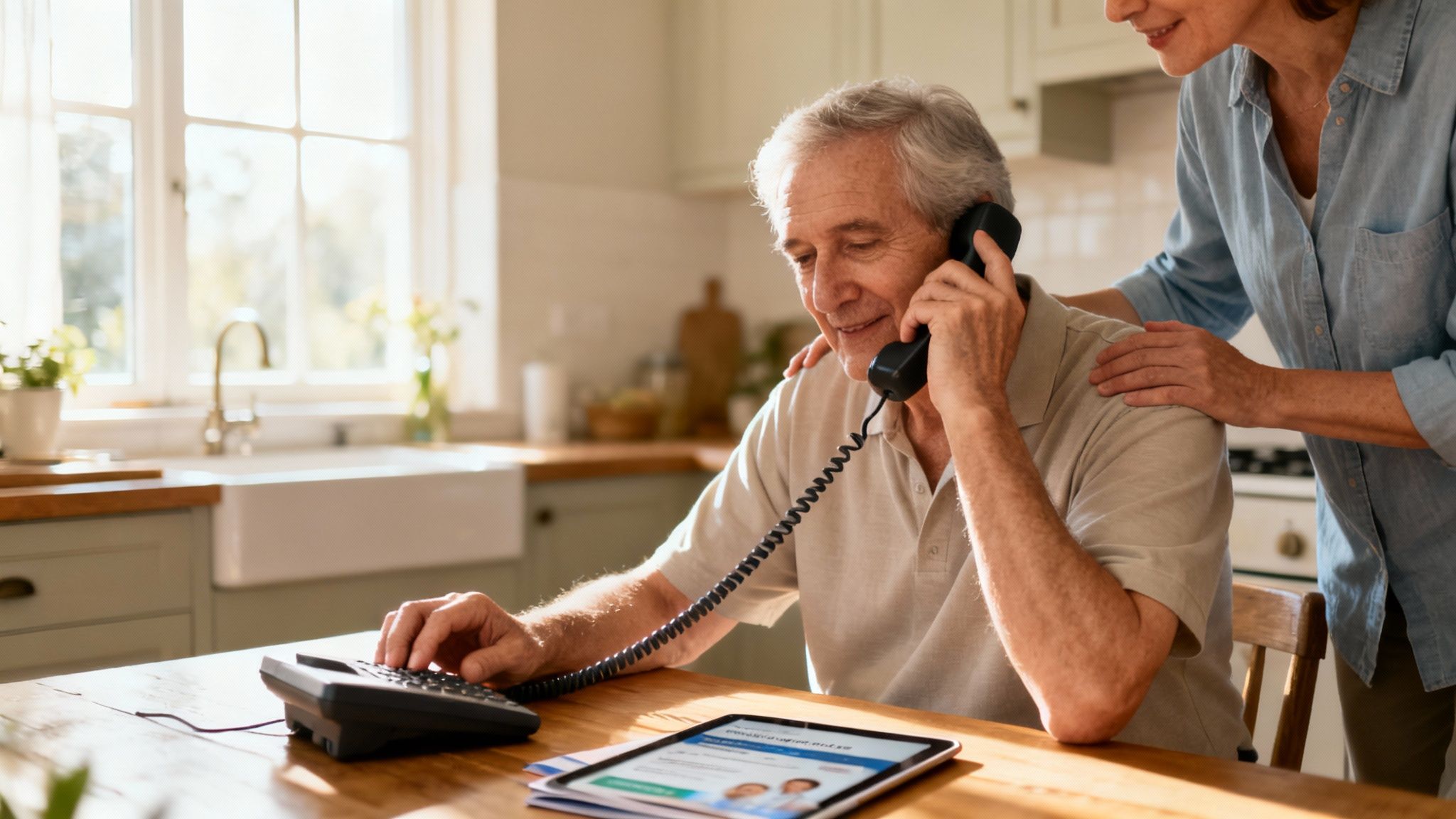 Elderly man talks on landline, while a supportive woman stands by in a sunny kitchen.