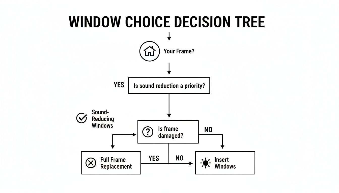 A decision tree flowchart guides window choices based on sound reduction priority and frame damage.