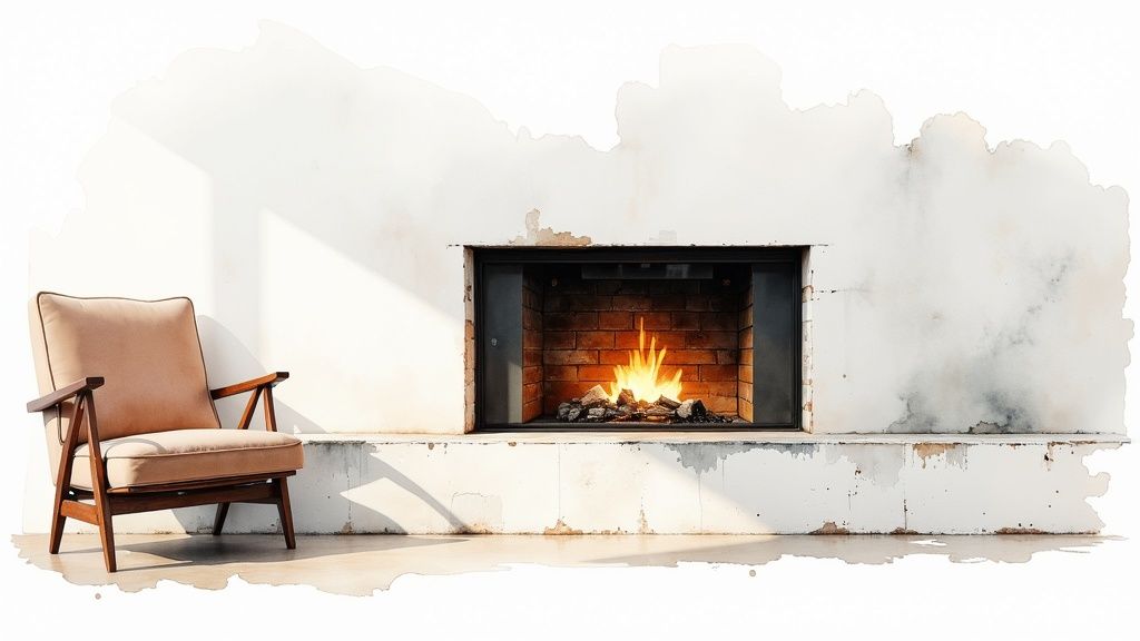 A minimalist watercolor illustration of a cozy indoor scene with a beige armchair and a lit fireplace.
