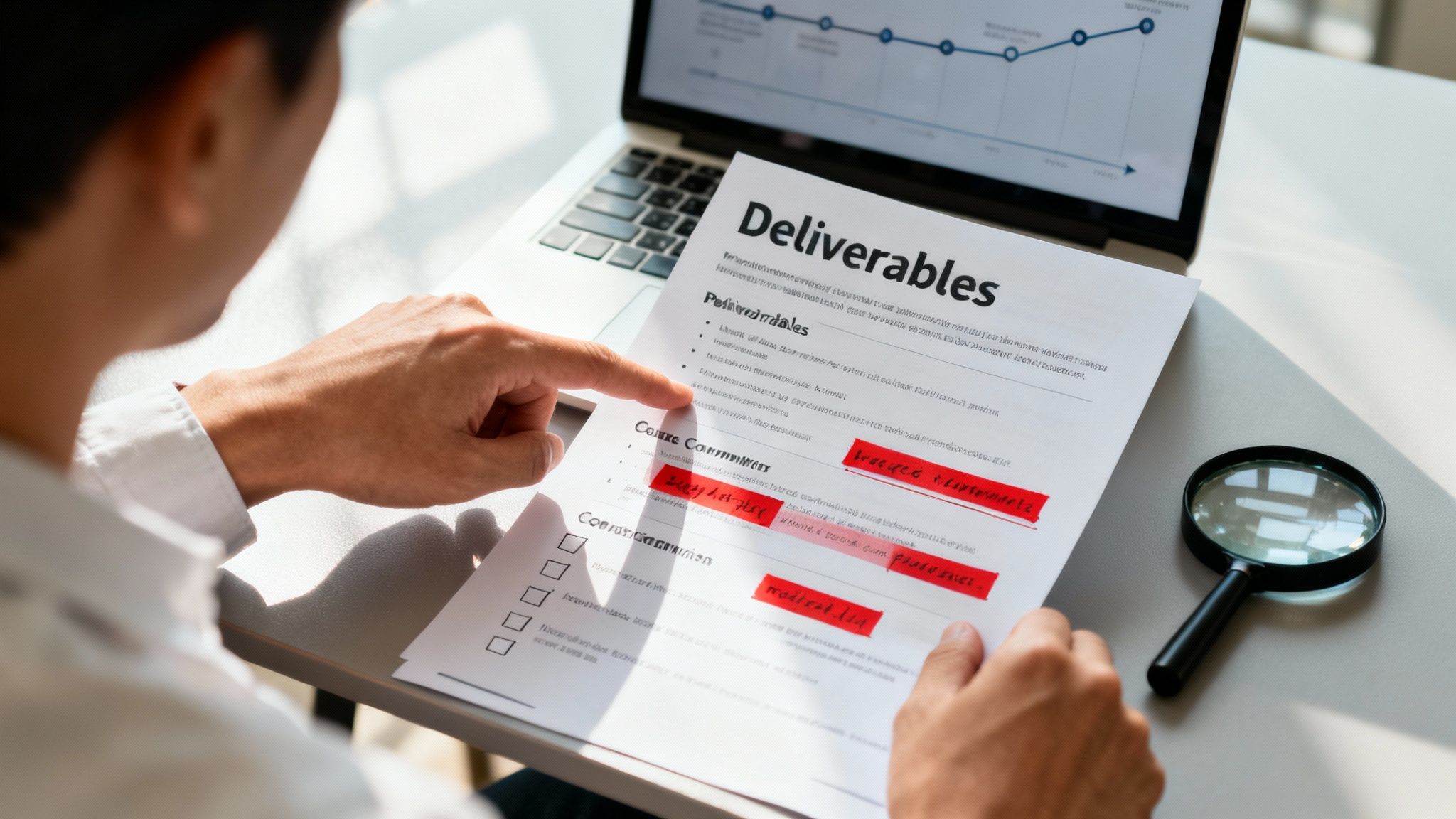Person reviews a 'Deliverables' document with highlighted text next to a laptop and magnifying glass.
