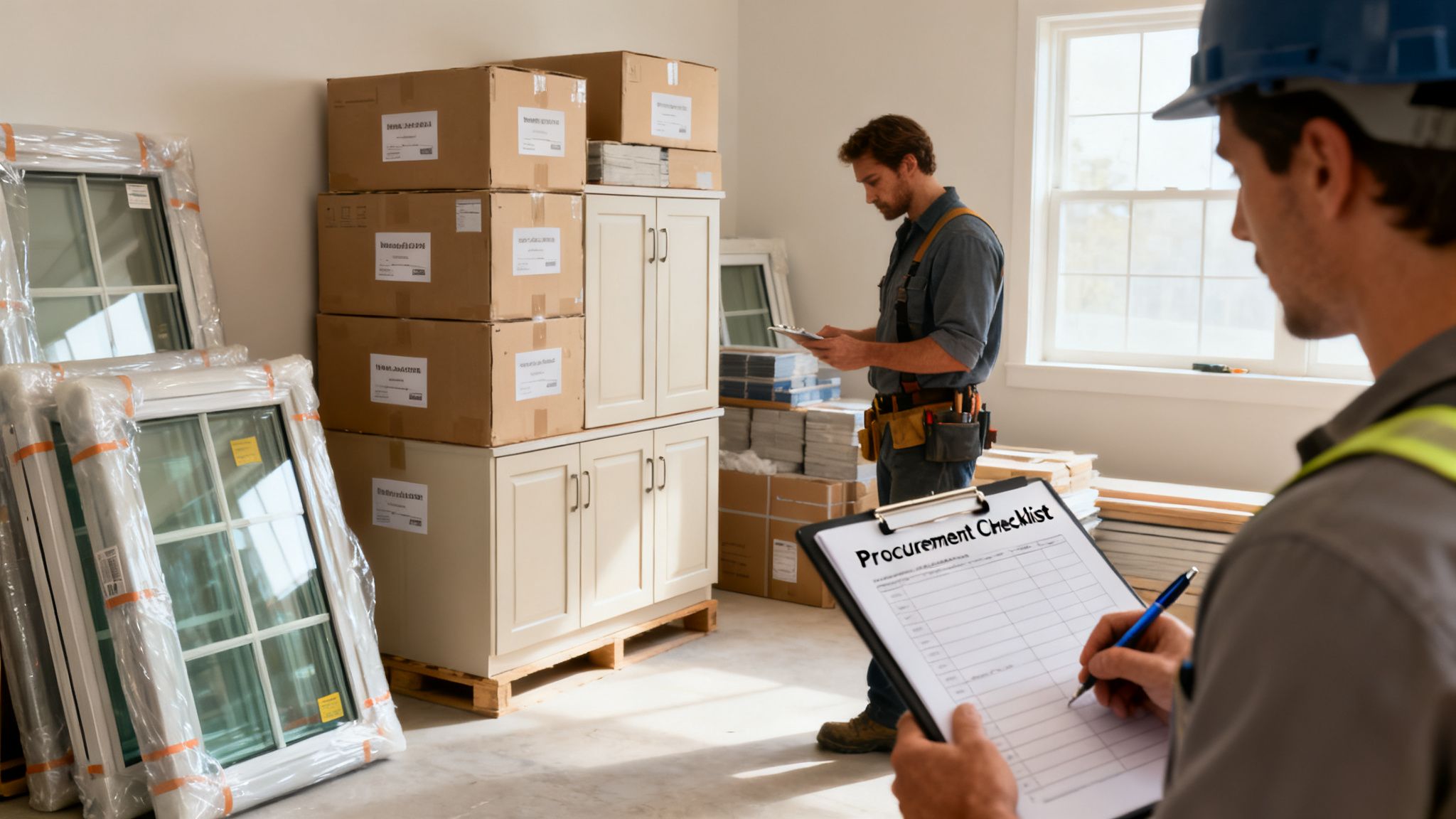 Two construction workers on a job site, one checking a procurement checklist, the other inventory.