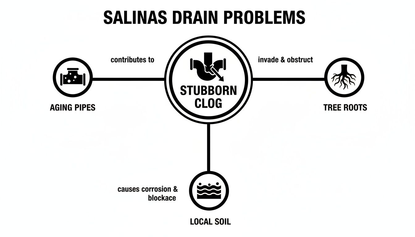 Diagram illustrating Salinas drain problems, identifying aging pipes, tree roots, and local soil as causes of stubborn clogs.