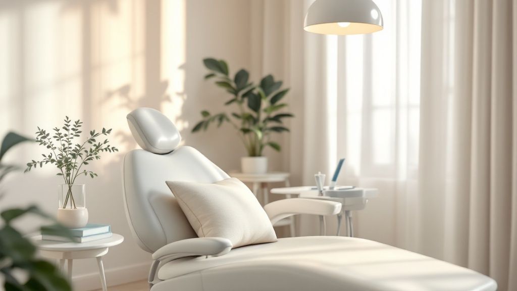 A dentist is showing a patient a personalized dental implant plan on a tablet.