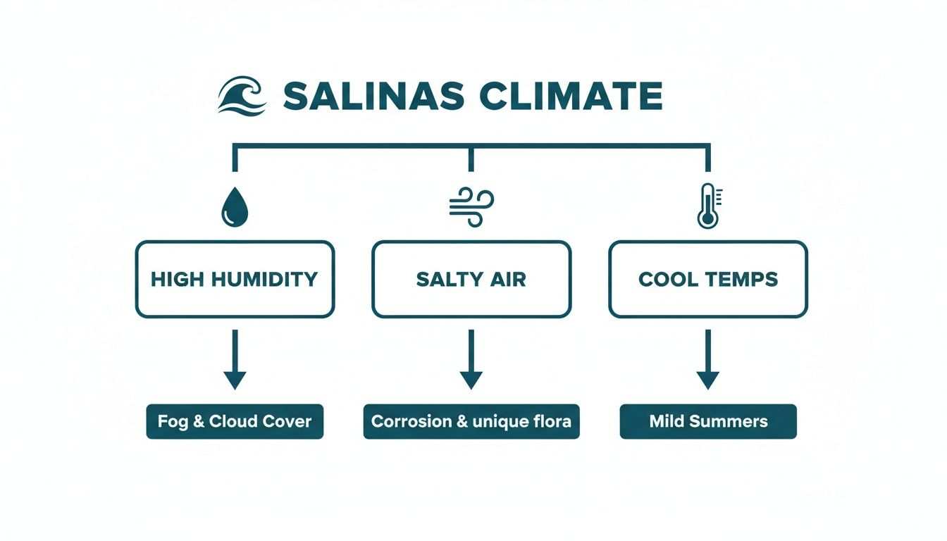 Diagram illustrating Salinas climate characteristics: high humidity, salty air, and cool temperatures, and their resulting effects.