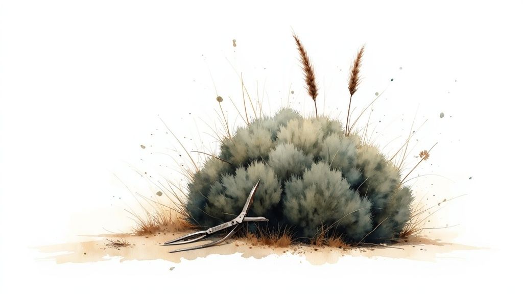 Watercolor illustration of a sagebrush bush with two brown stalks and pruning shears on the ground.