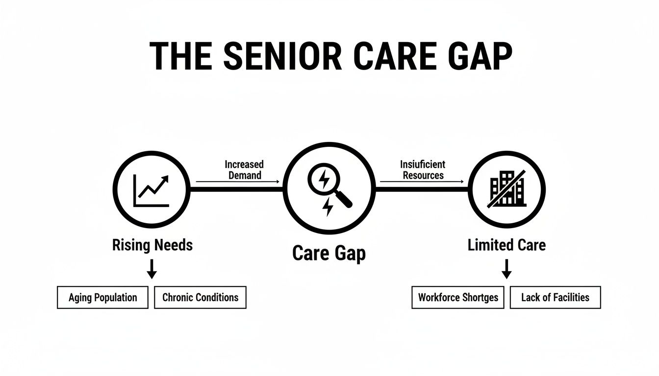 Infographic illustrating the senior care gap, driven by rising needs and leading to limited care due to insufficient resources.