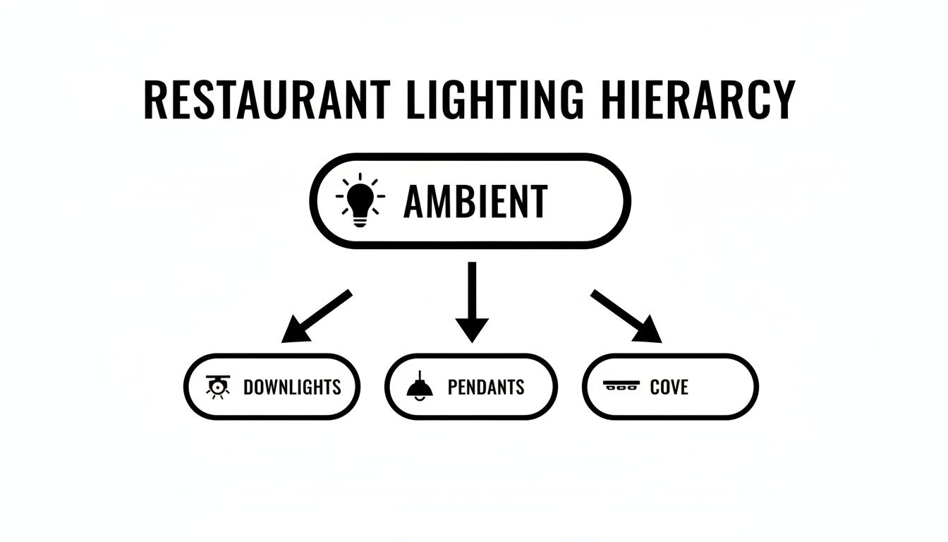 Diagram showing restaurant lighting hierarchy with Ambient at the top, leading to Downlights, Pendants, and Cove lighting.