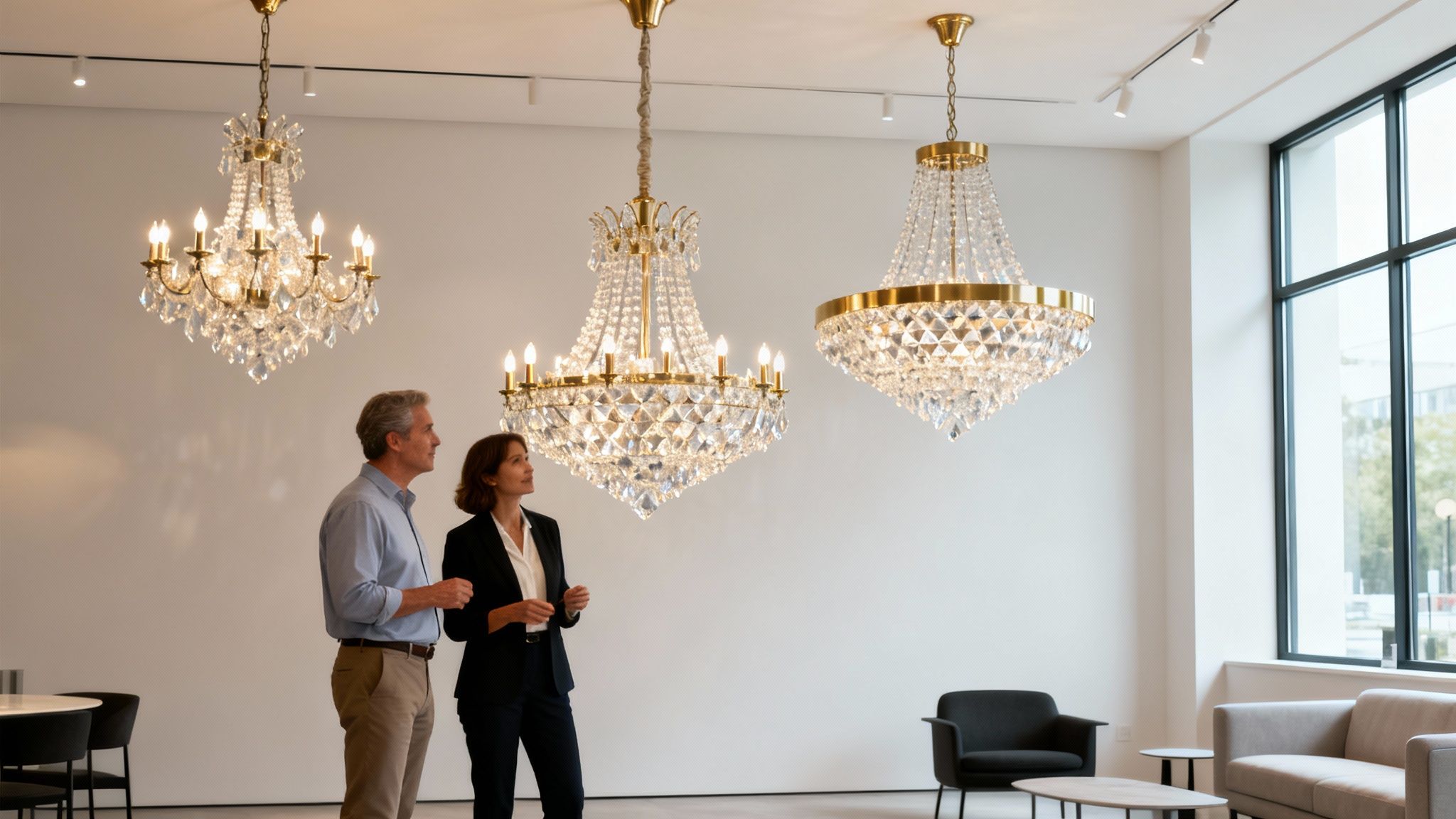 A man and a woman are looking at three elegant crystal chandeliers in a bright showroom.