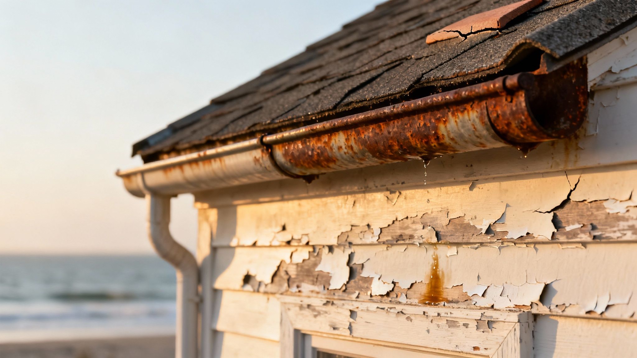 A dilapidated beach house with a rusty gutter leaking water and peeling white paint.