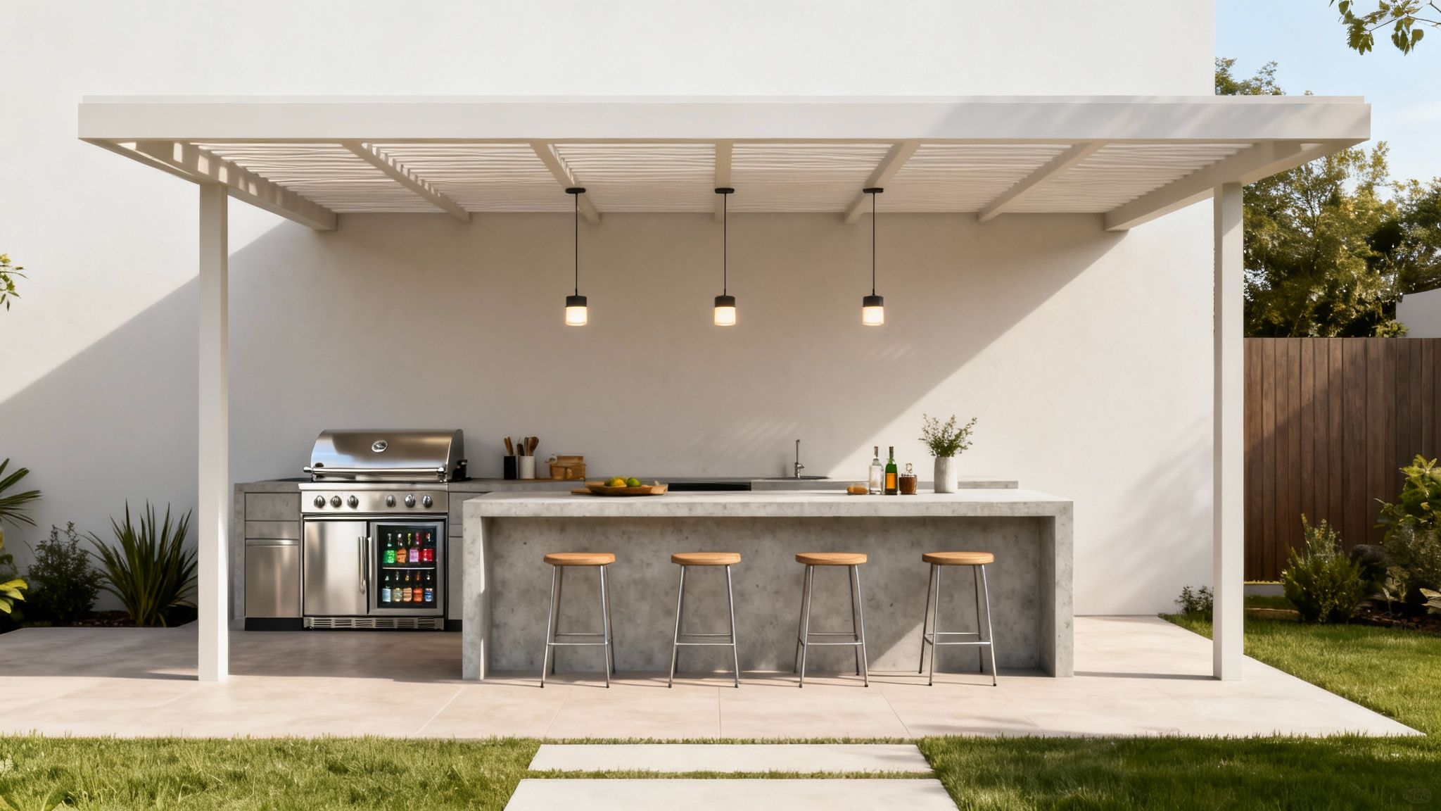 Modern outdoor kitchen and bar under a pergola, featuring a grill, fridge, concrete counter, and stools.