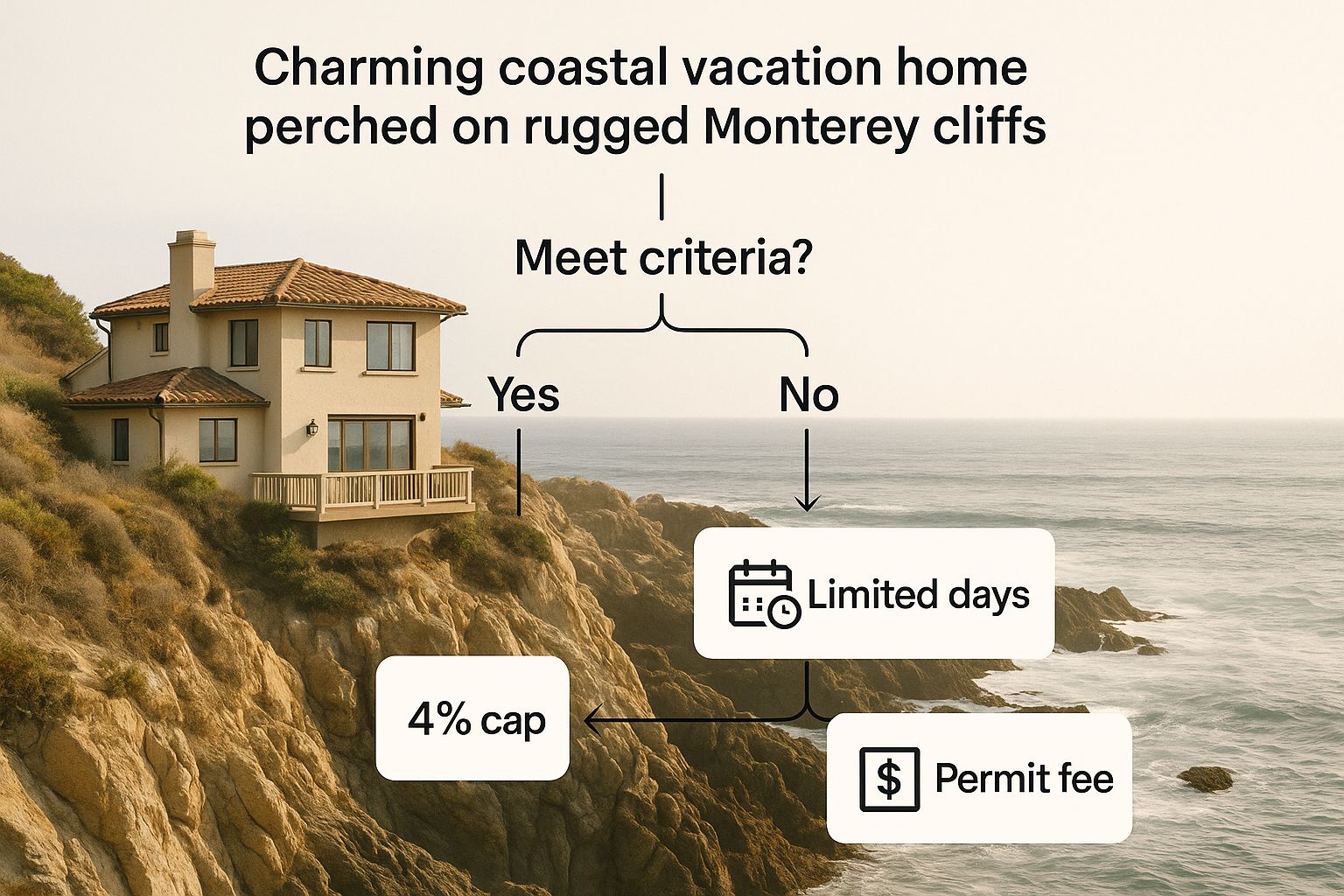 Infographic showing a coastal home with icons for "4% cap," "limited days," and "permit fee," illustrating the new STR rules in Monterey.