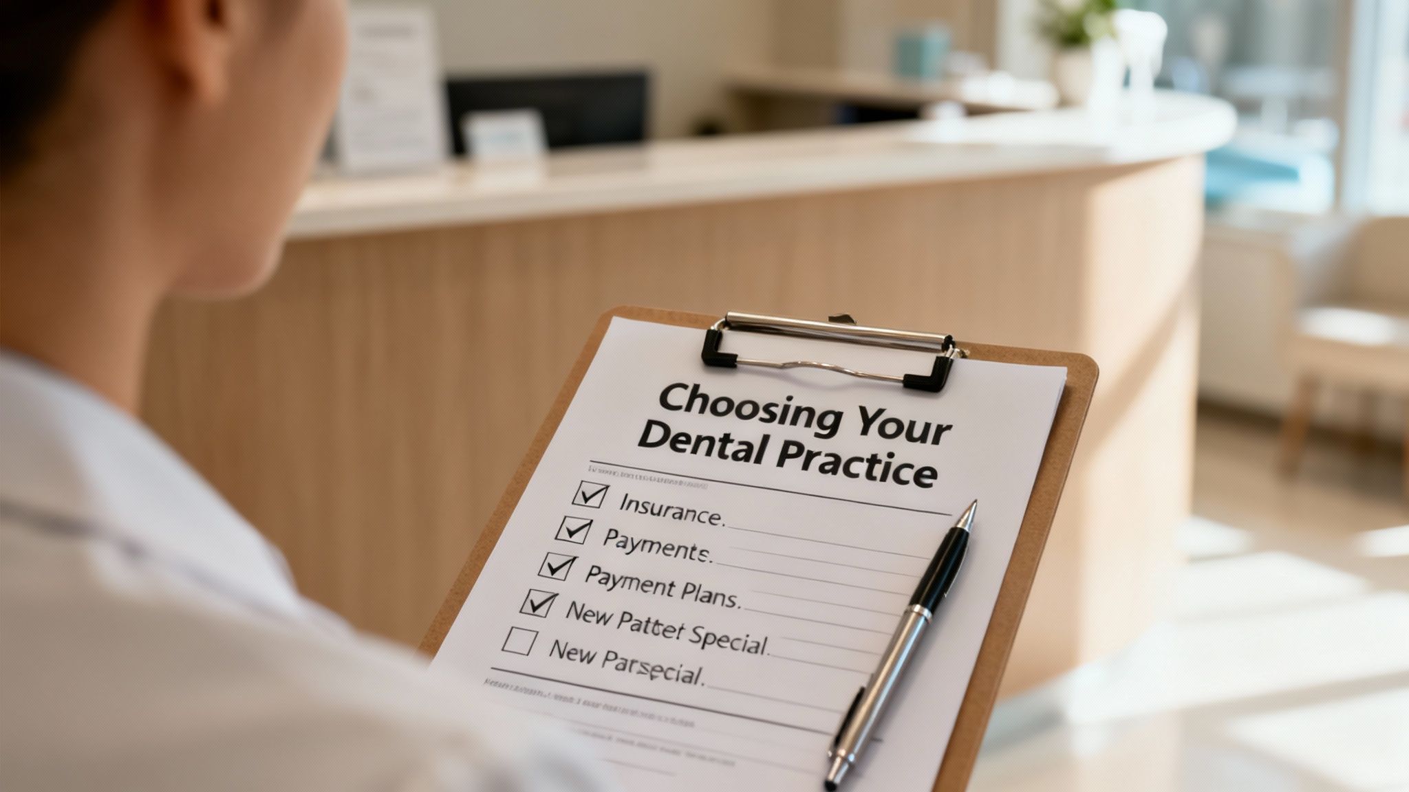 Close-up of a person holding a clipboard with a 'Choosing Your Dental Practice' checklist, showing checked items.