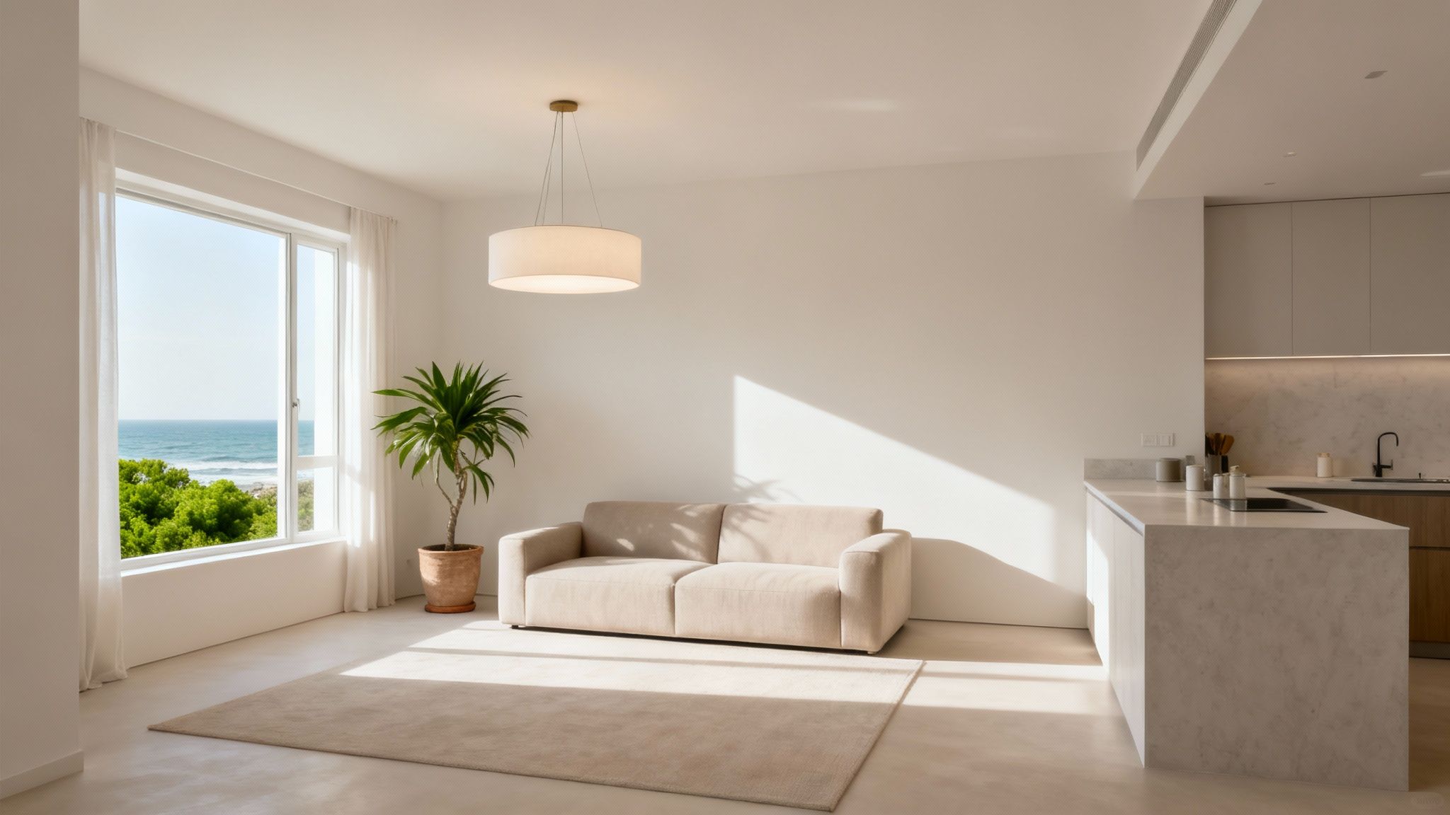 A bright, clean, and modern living room staged for rental viewing.
