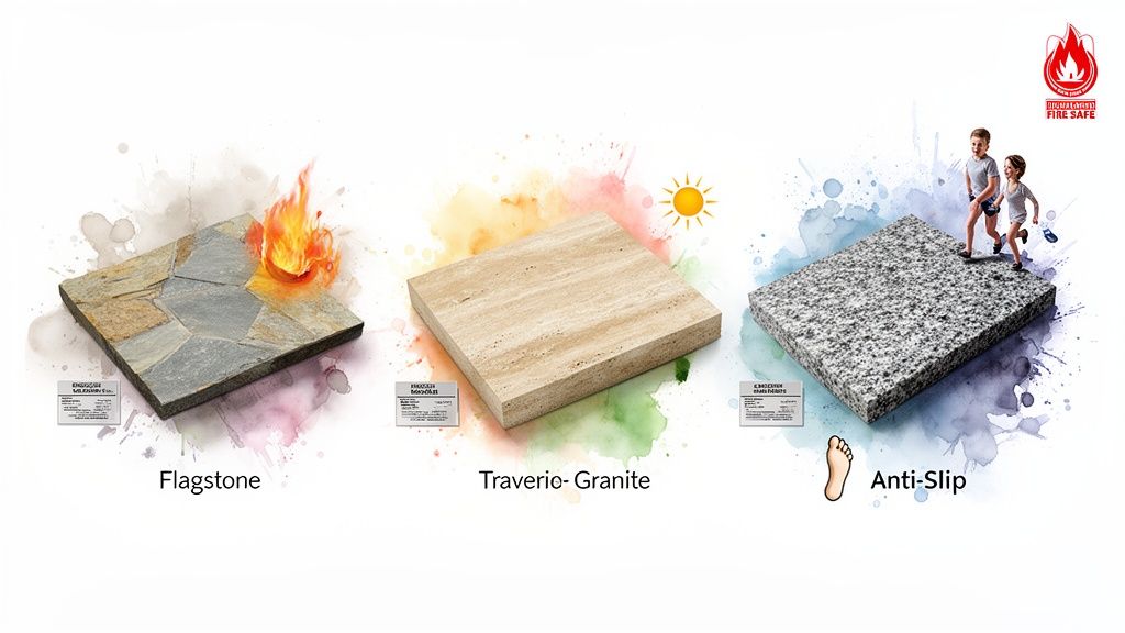 Three stone tile samples, illustrating fire safety, sun durability, and anti-slip features for patios.