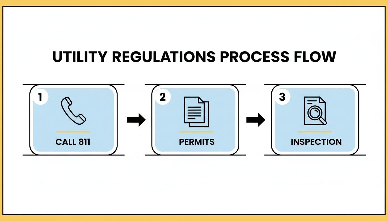 A three-step utility regulations process flow showing call 811, permits, and inspection.