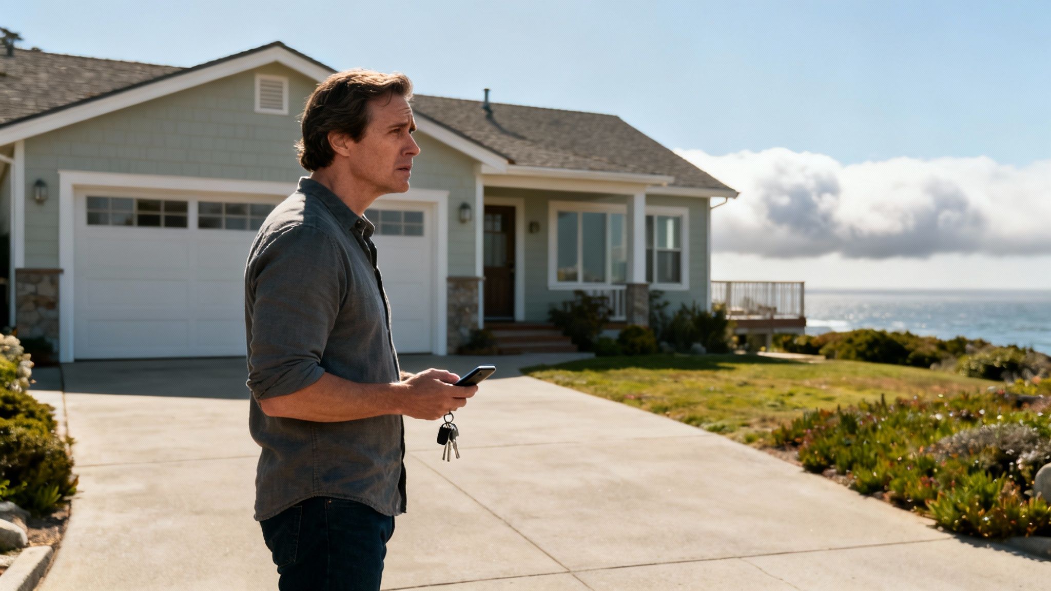 A man holds a phone and keys outside a light green coastal home with the ocean in the background.