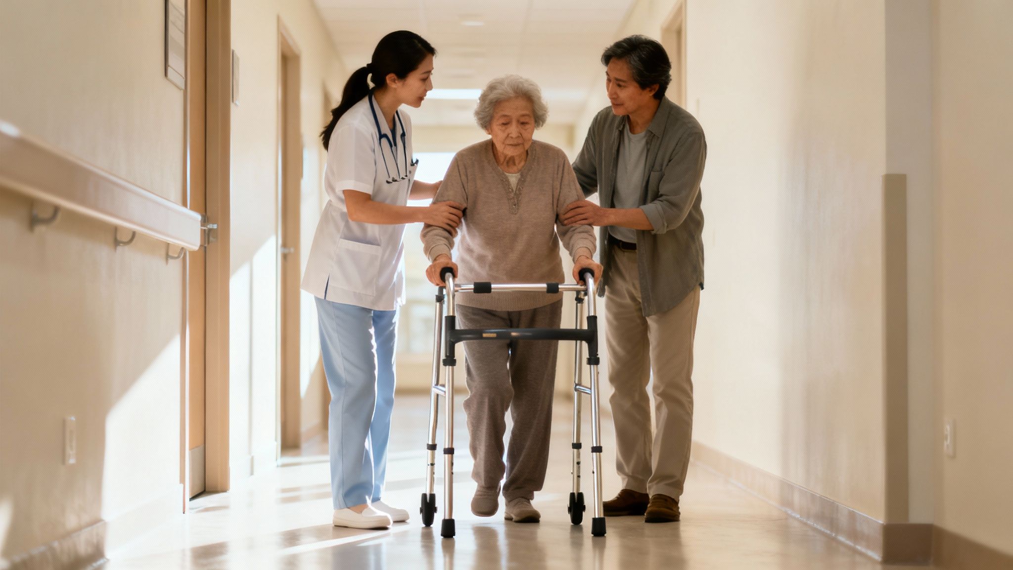 A VNA clinician kindly demonstrates to a family member how to safely assist a senior using a walker.