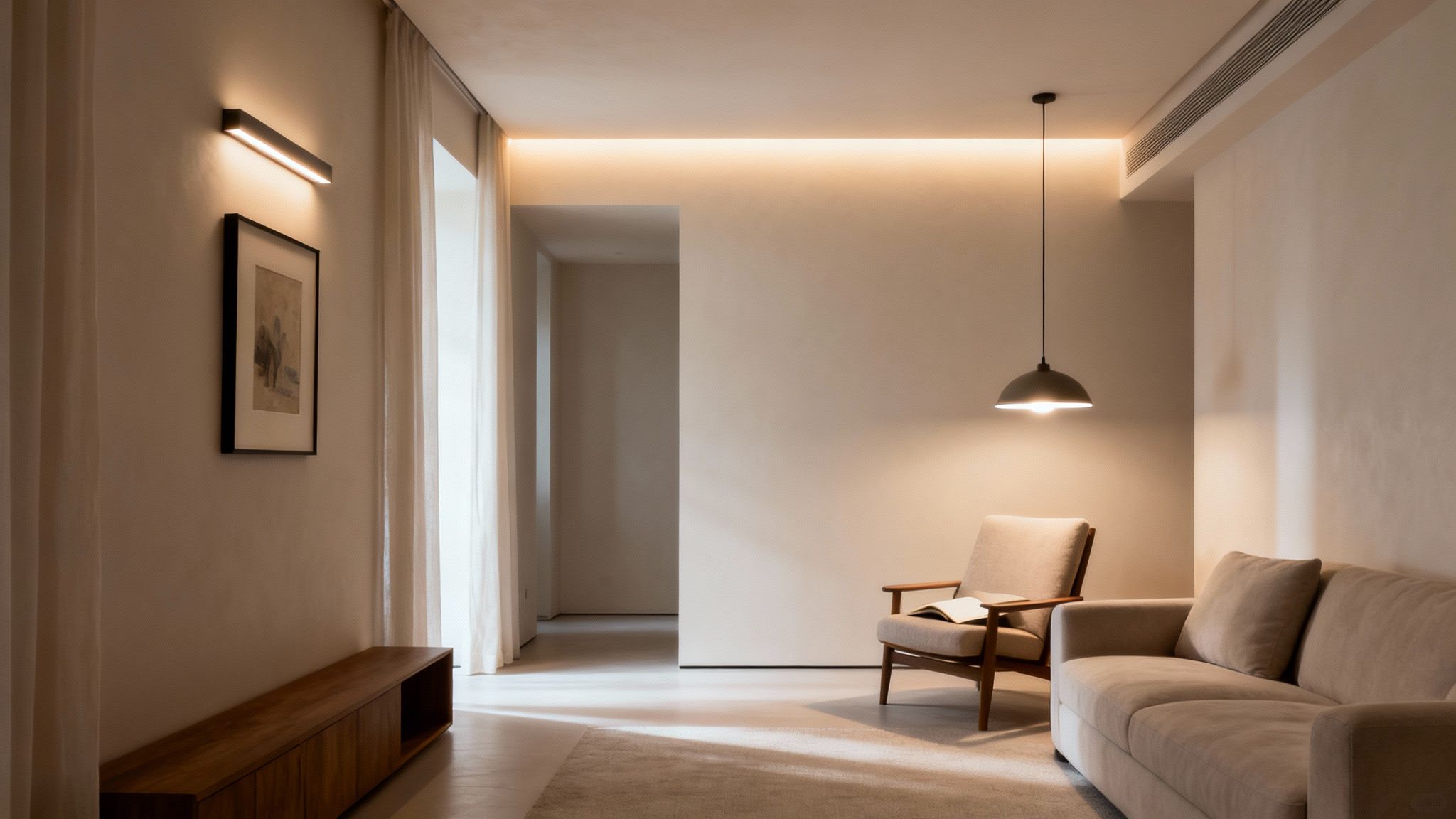 A modern living room featuring warm ambient lighting, a comfortable sofa, an armchair, and a wooden console.