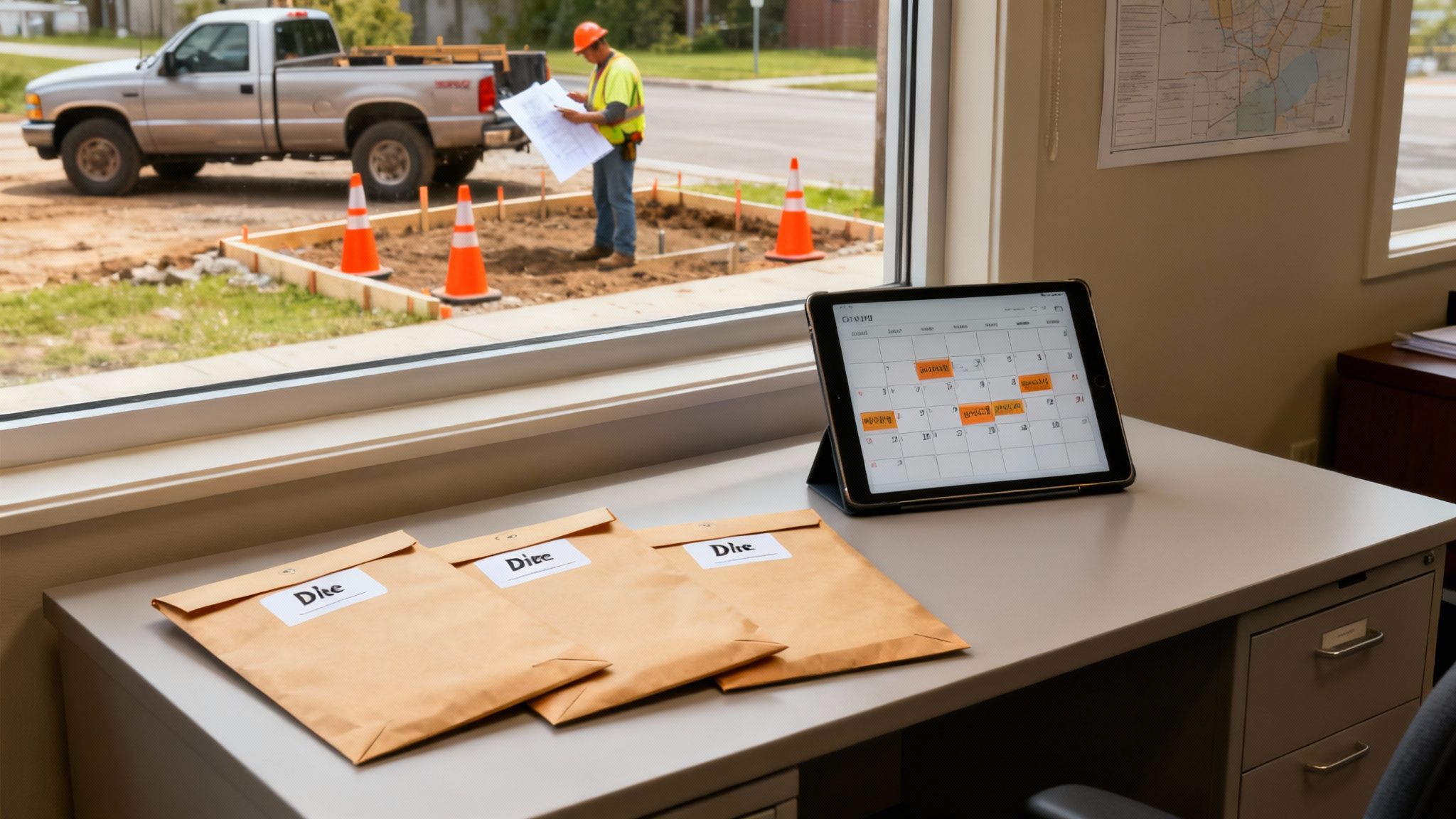 A construction worker outdoors reviews plans, while indoors, a tablet displays a calendar on an office desk.