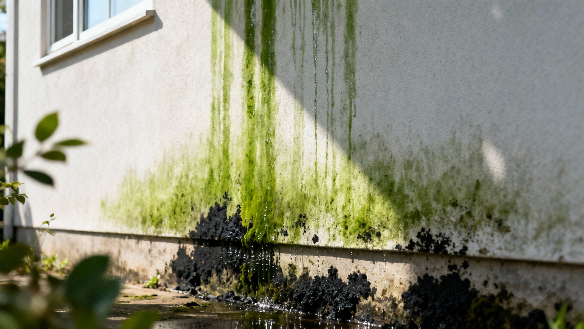 The side of a residential building wall heavily stained with green algae and black mold from water damage.