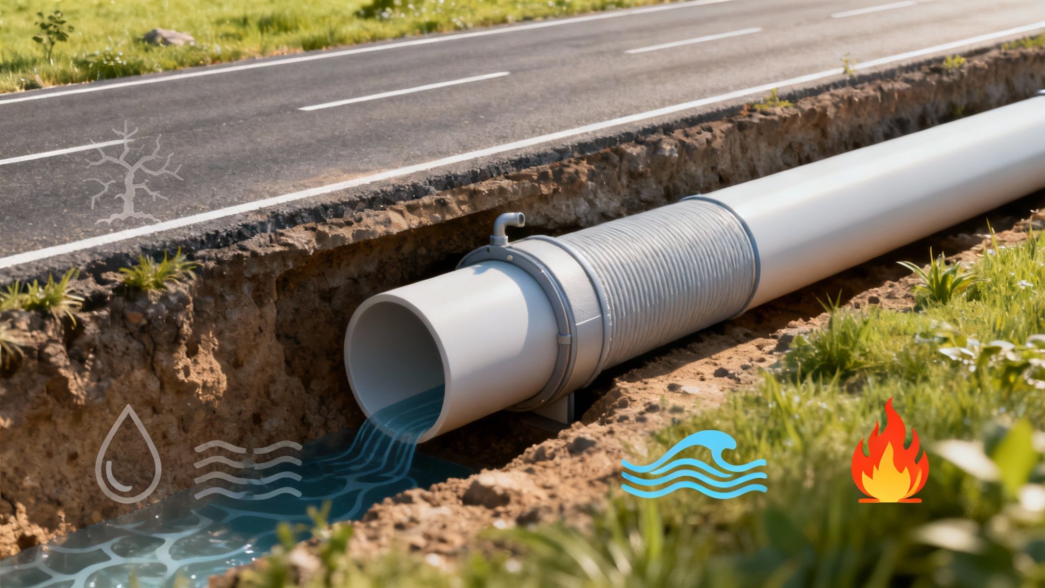 Workers installing modern, climate-resilient water pipes in a trench, prepared for future environmental challenges.