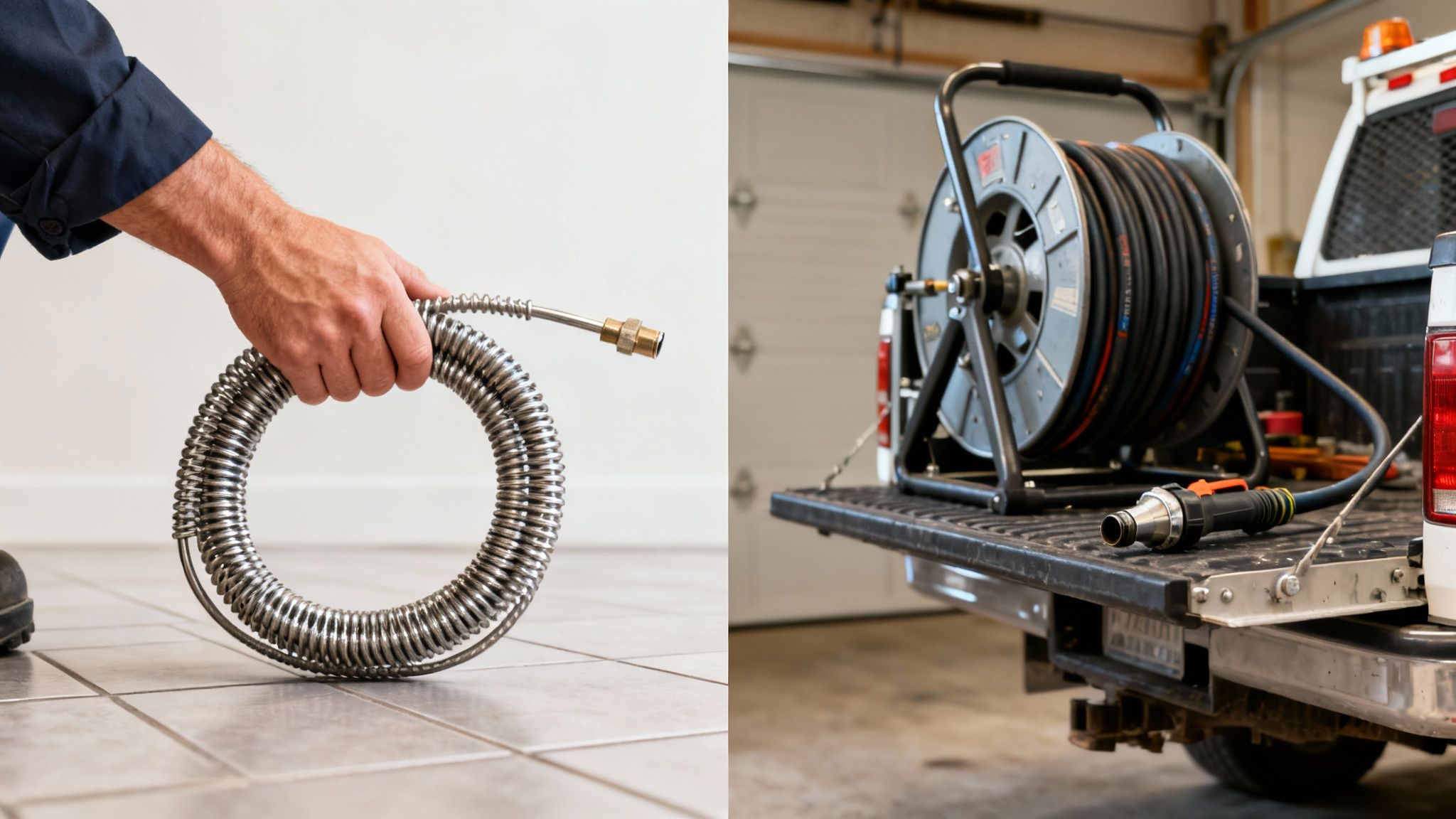A person holds a coiled drain snake, while a pickup truck bed holds a hose reel and drain clearing equipment.
