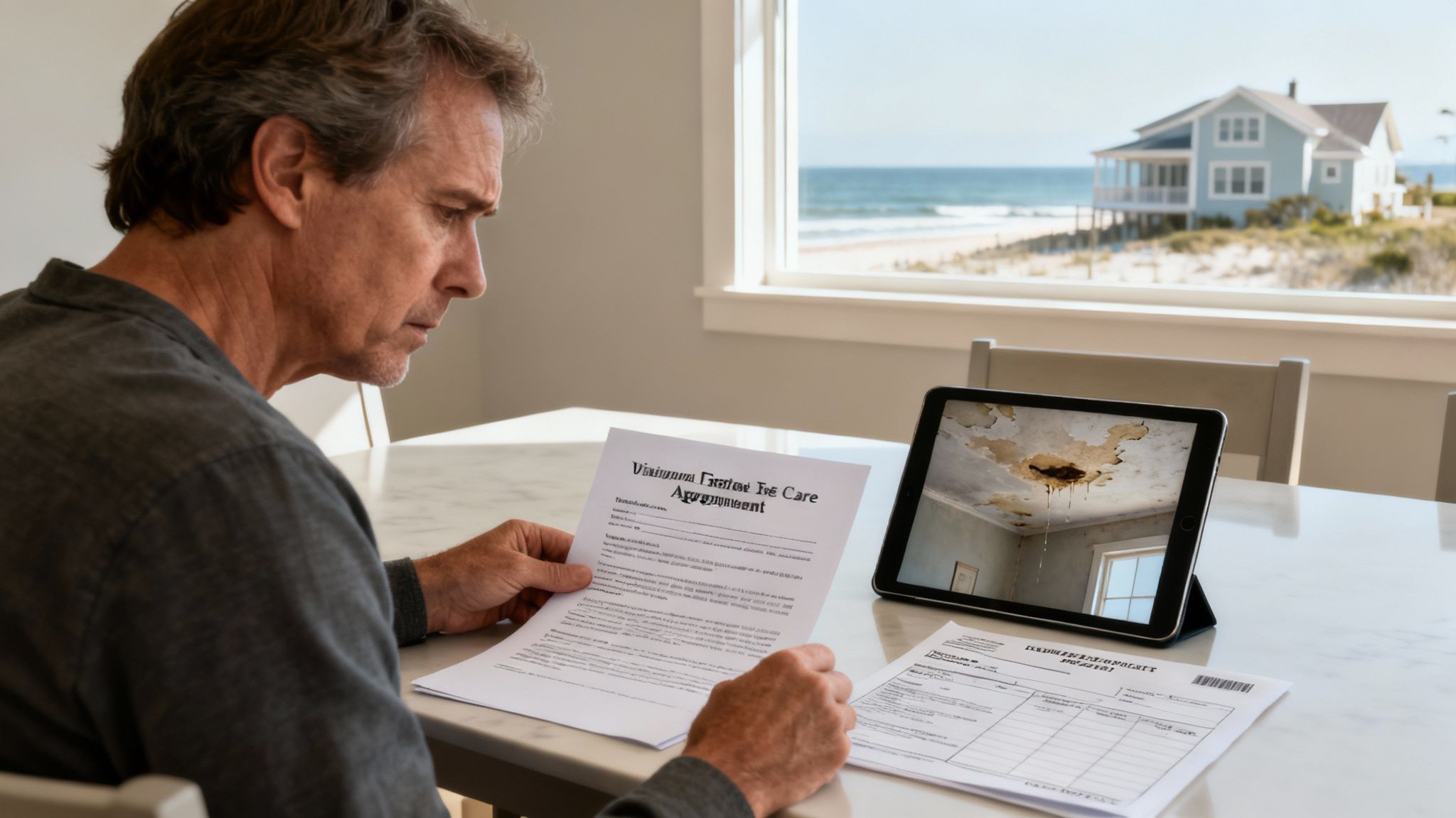 Man reviewing an estate care agreement with documents and a tablet showing water damage on a ceiling, with a beach house in the background.