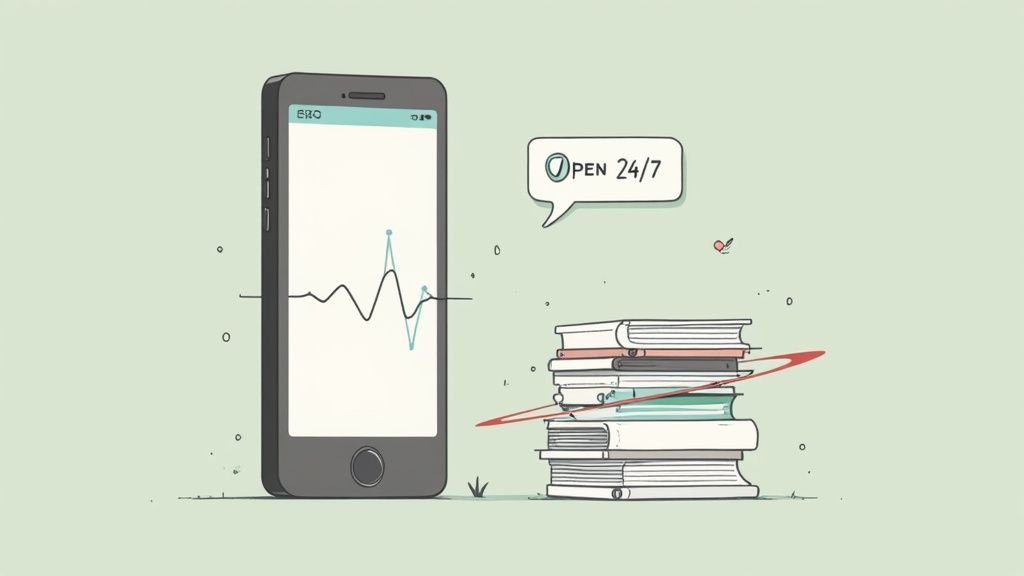 Illustration contrasting a smartphone displaying a graph with a stack of books and a 'OPEN 24/7' speech bubble.