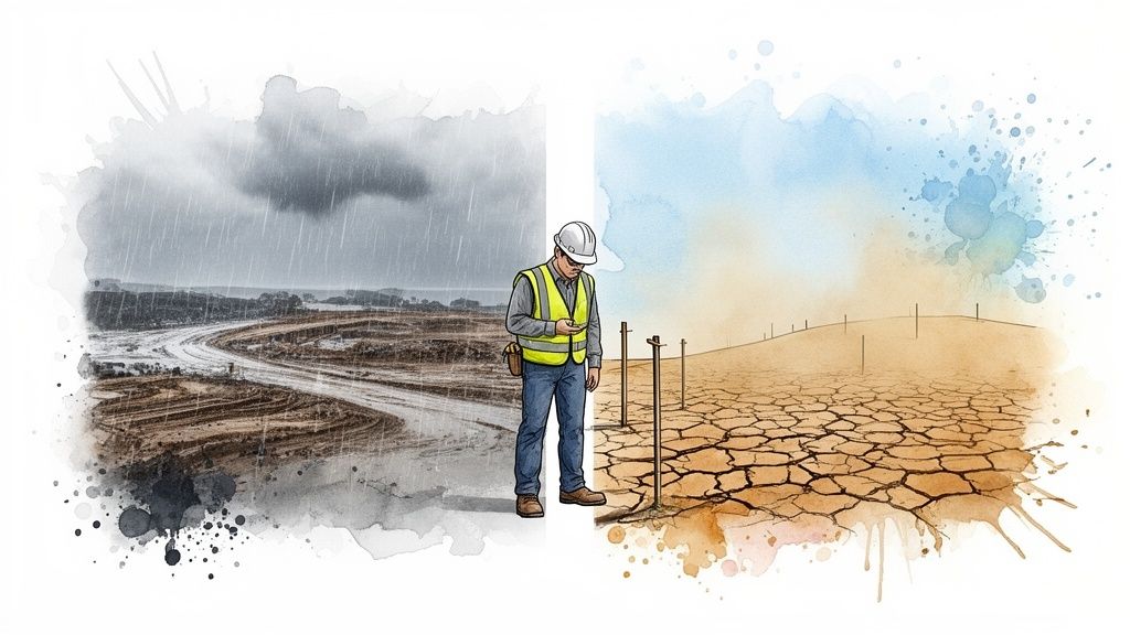 Worker stands between a rainy construction site and dry, cracked desert, depicting weather extremes.