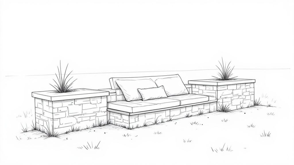 A modern stone retaining wall with a smooth wooden bench integrated into its structure, surrounded by lush plants and decorative rocks.
