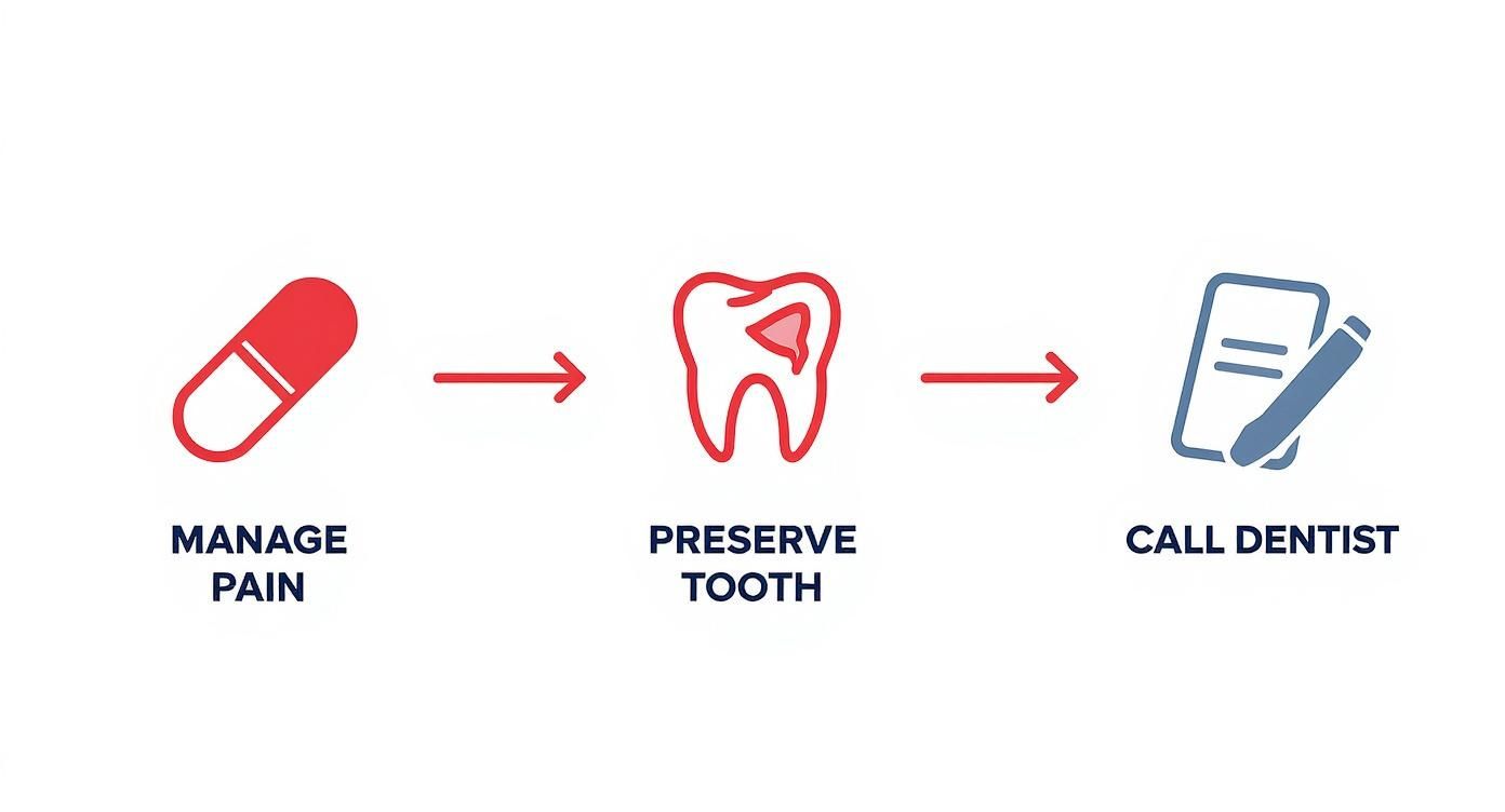 A visual guide illustrating three steps for a dental emergency: manage pain, preserve tooth, and call a dentist.