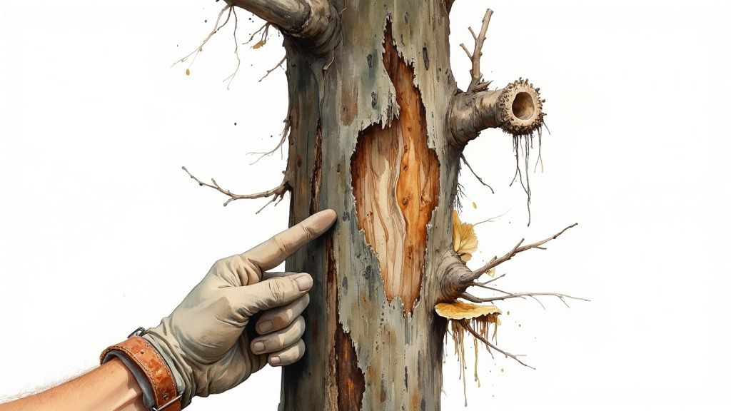 A gloved hand points to a damaged tree trunk with peeling bark and exposed wood, indicating decay.