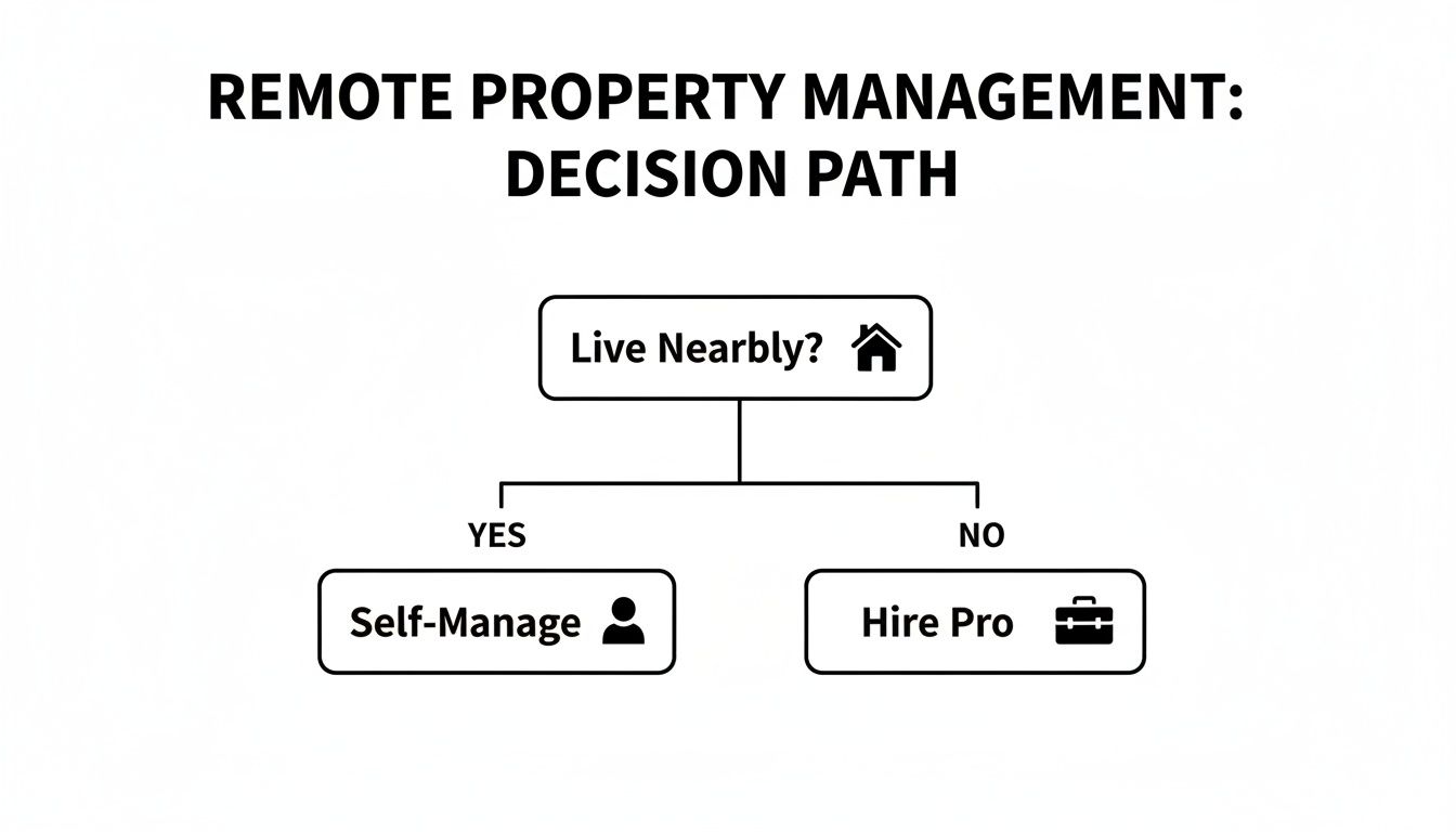 A flowchart showing property management decisions: self-manage if nearby, hire a professional if not.