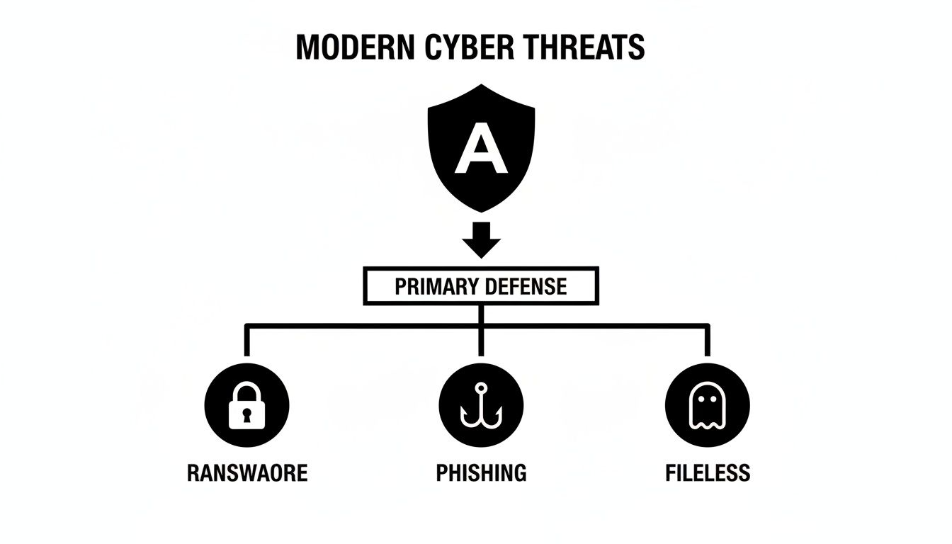 Flowchart showing modern cyber threats: ransomware, phishing, and fileless, with a primary defense against them.