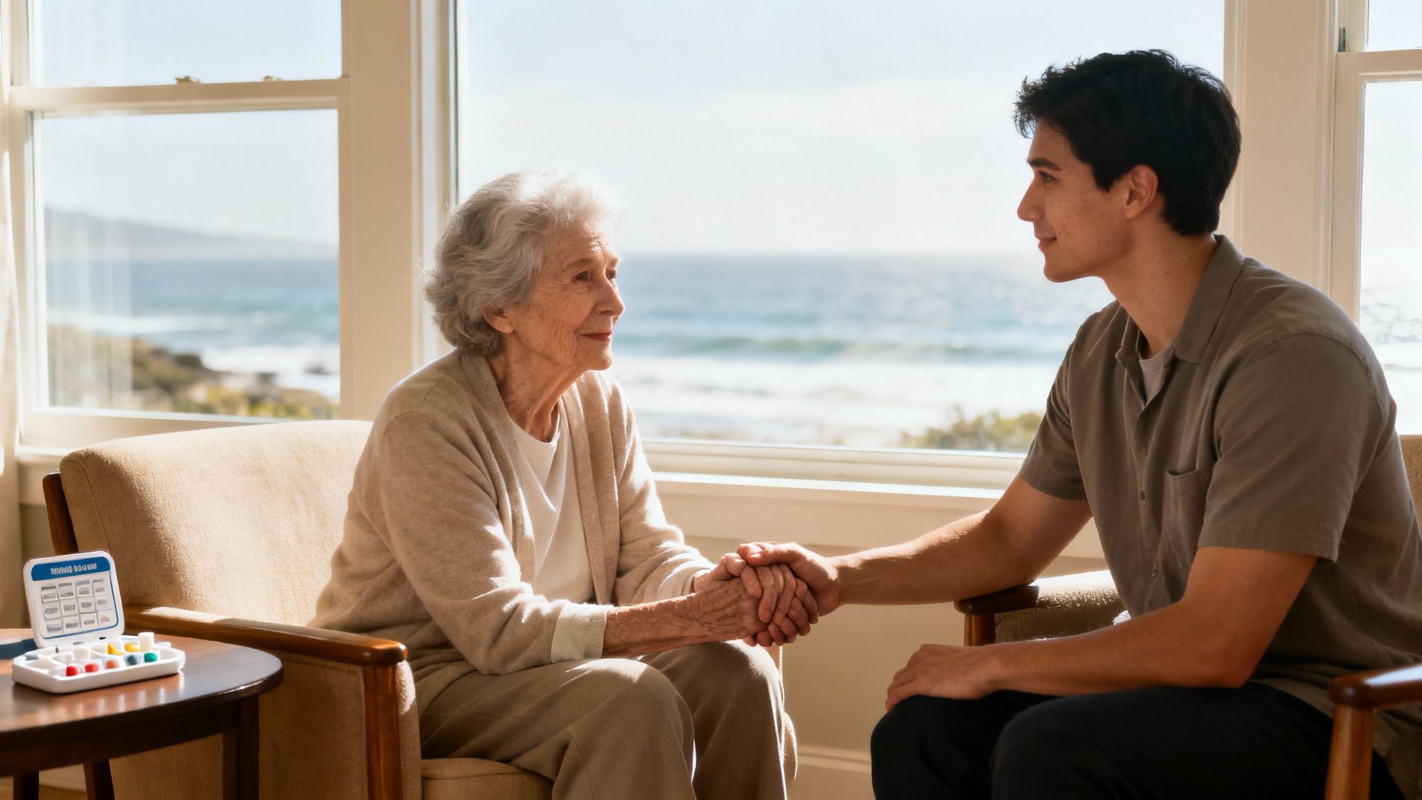 Elderly woman and young man holding hands, sitting by a window with an ocean view.