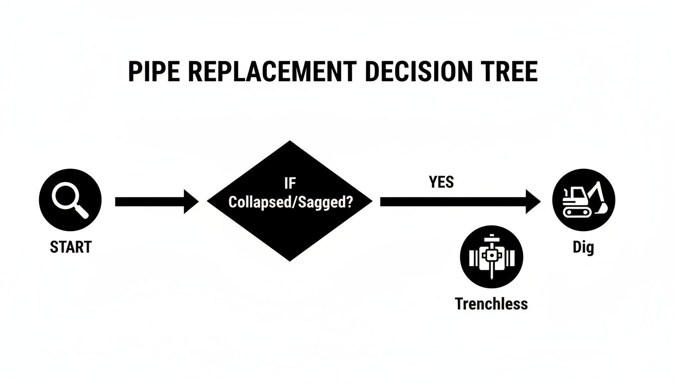 A pipe replacement decision tree flowchart showing options for collapsed or sagged pipes.