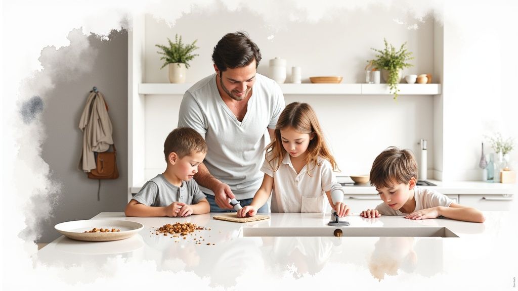 A modern kitchen with sleek, white engineered quartz countertops, dark cabinets, and stainless steel appliances.