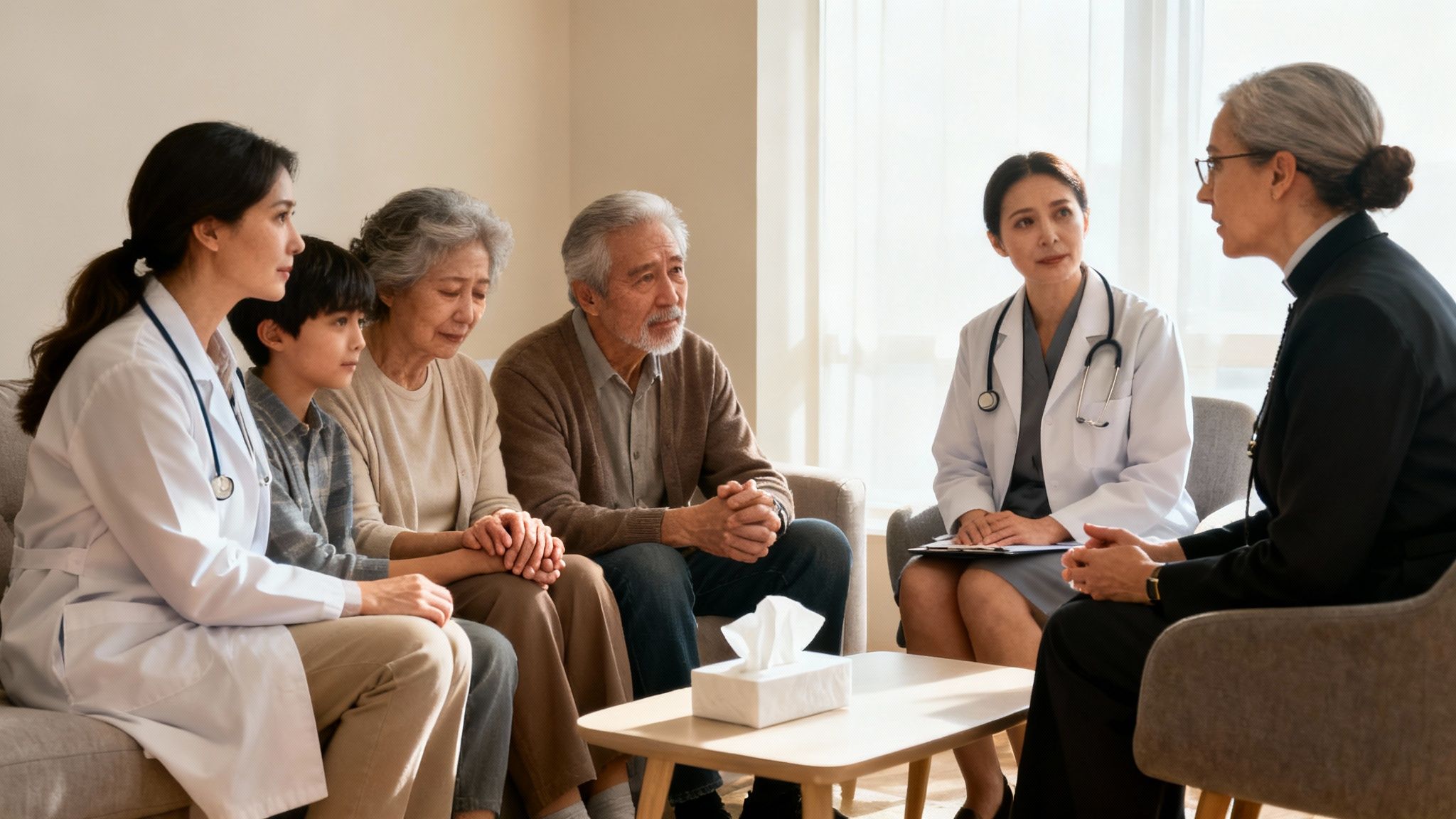 Medical professionals and family members, including a boy and elderly couple, engage in a serious discussion.