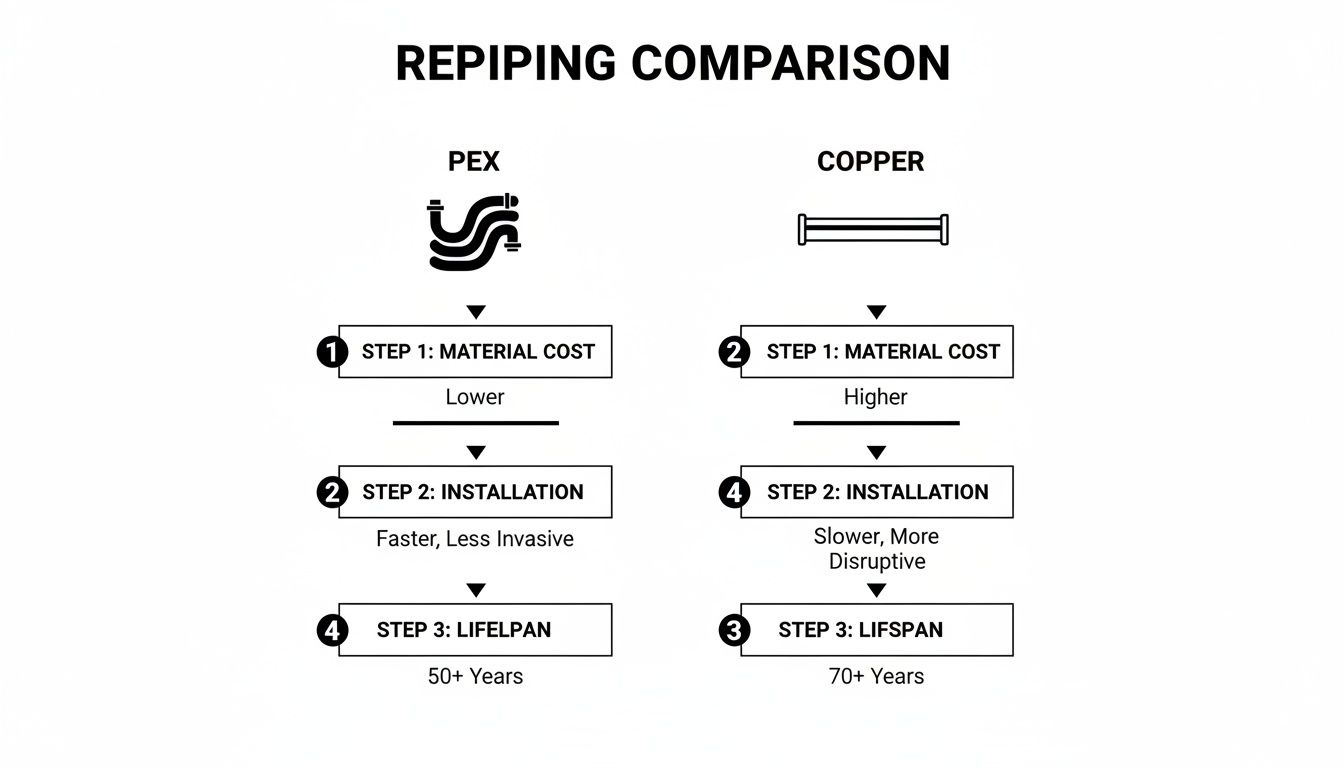 A diagram comparing PEX and Copper piping for repiping based on material cost, installation, and lifespan.