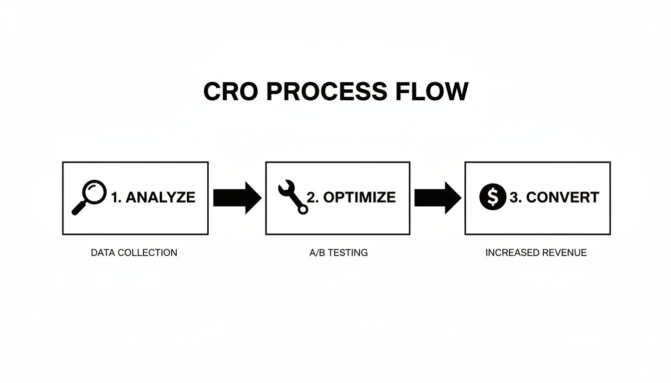 A CRO process flow diagram illustrating analyze, optimize, and convert steps for increased revenue.