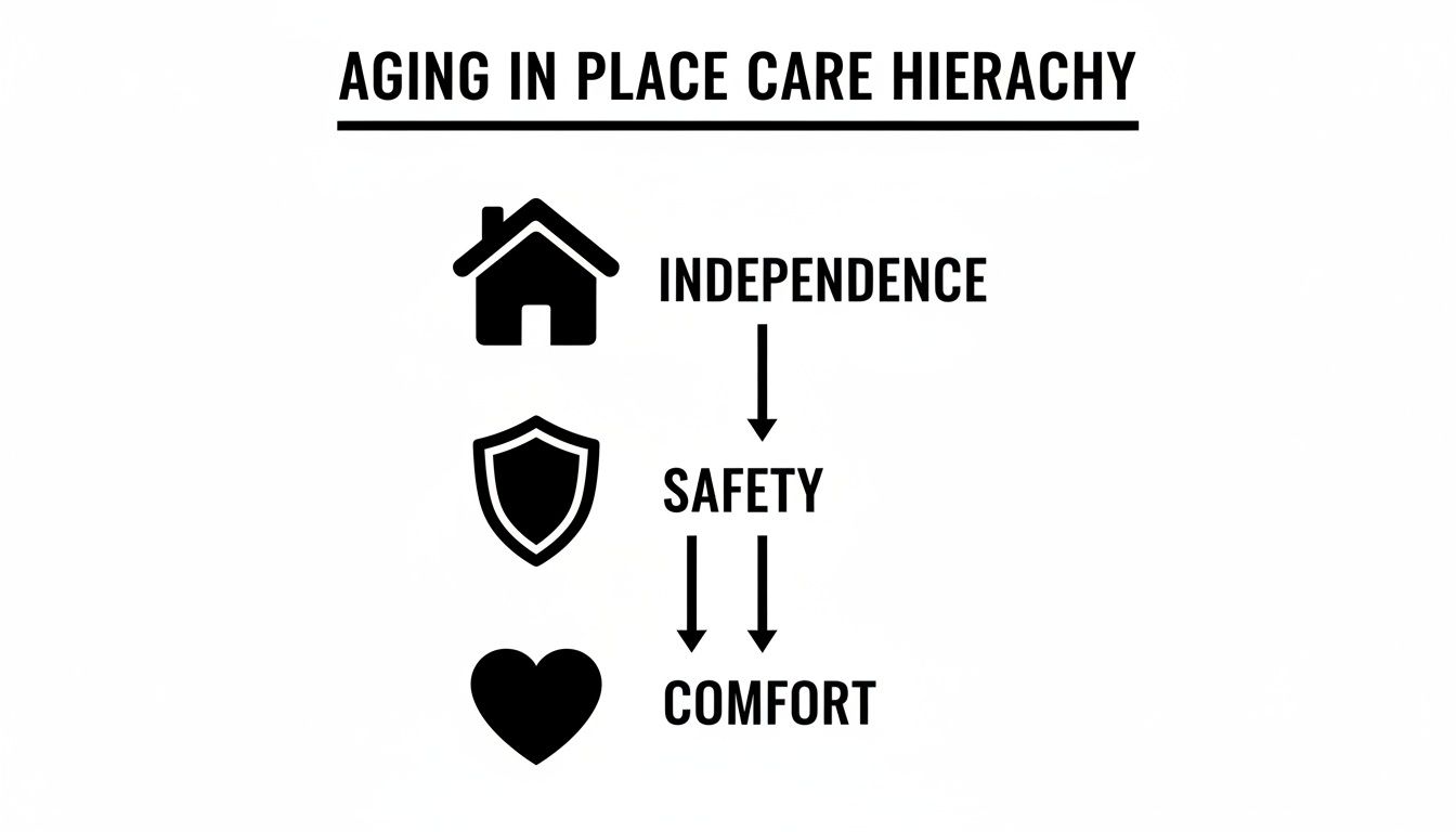 Diagram illustrating the Aging in Place Care Hierarchy: Independence (house), Safety (shield), and Comfort (heart).