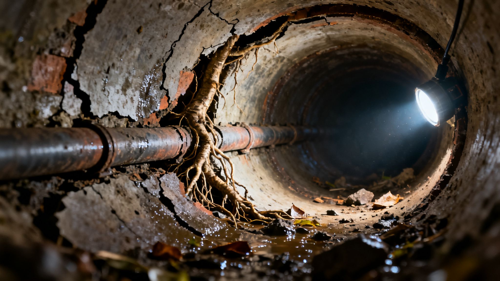 Inside a dark, damaged sewer pipe, a large tree root entwines a rusty pipe, lit by a flashlight.