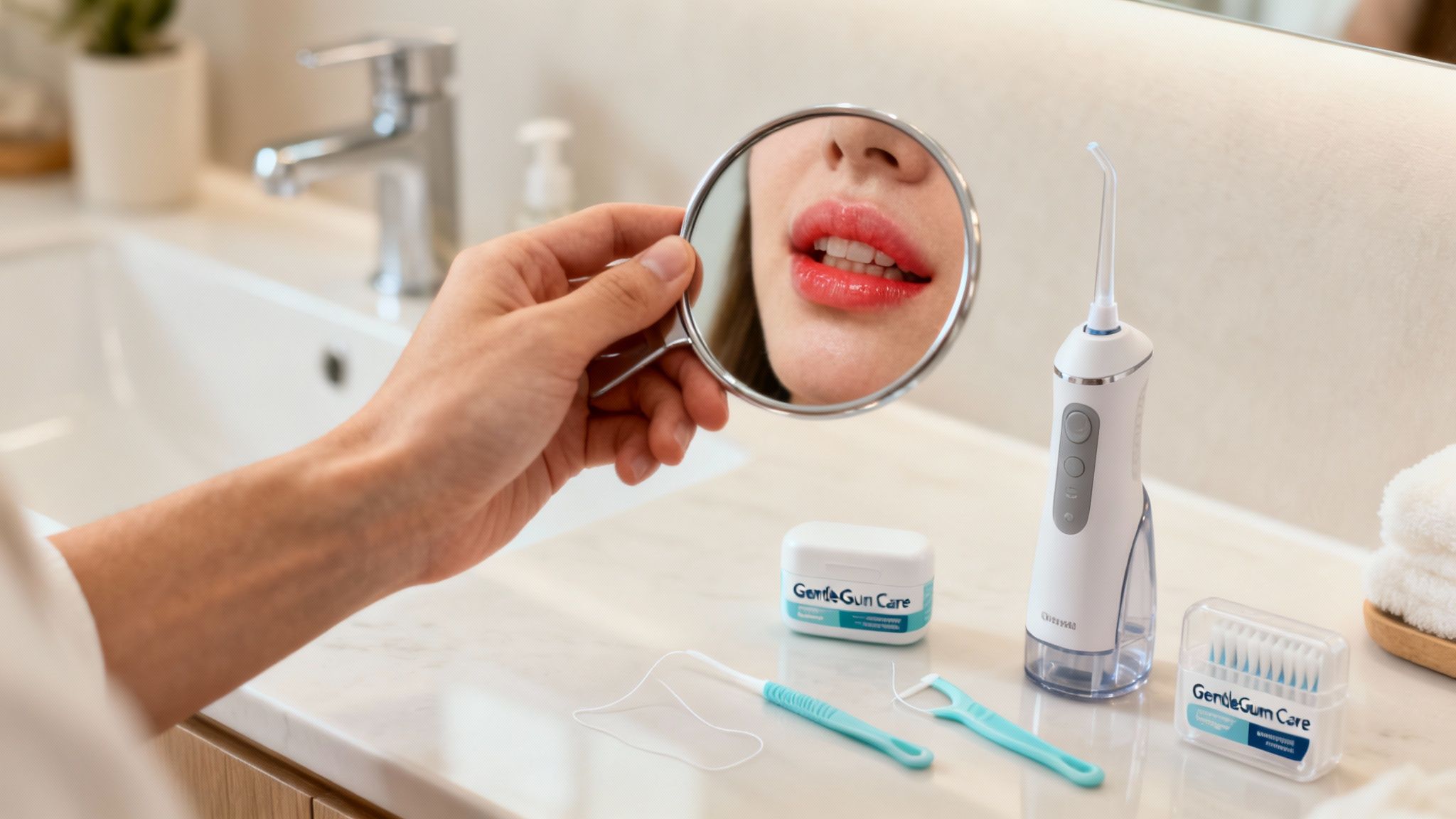 A person's hand holds a mirror reflecting their lips and teeth, surrounded by oral care products.